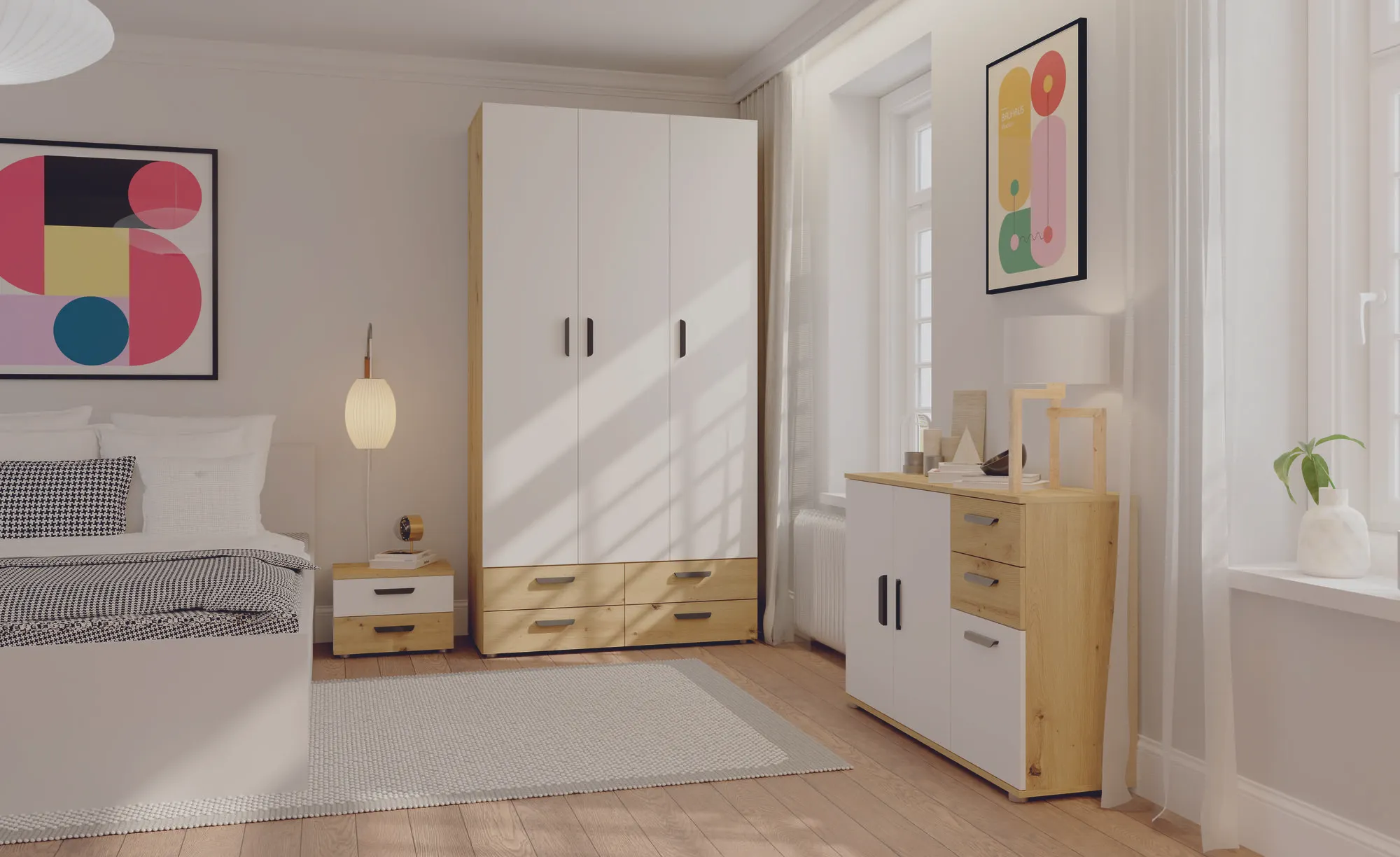 Szafa 3-drzwiowa BASIC TWO dąb artisan biały - INT_5003289