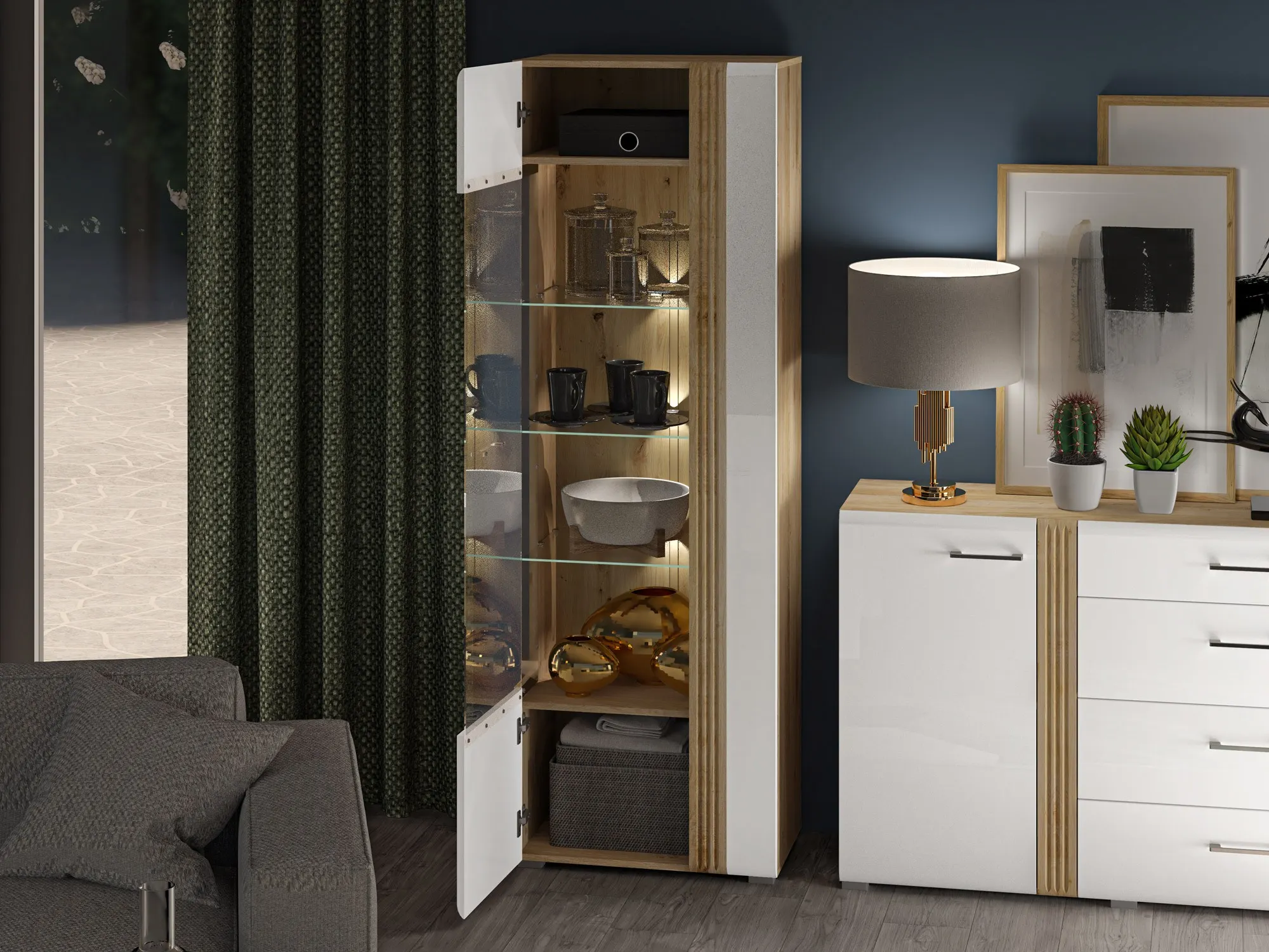 Witryna 1-drzwiowa ADAGIO 02 Lewa dąb castello, biały połysk - 1ADAG02L-001