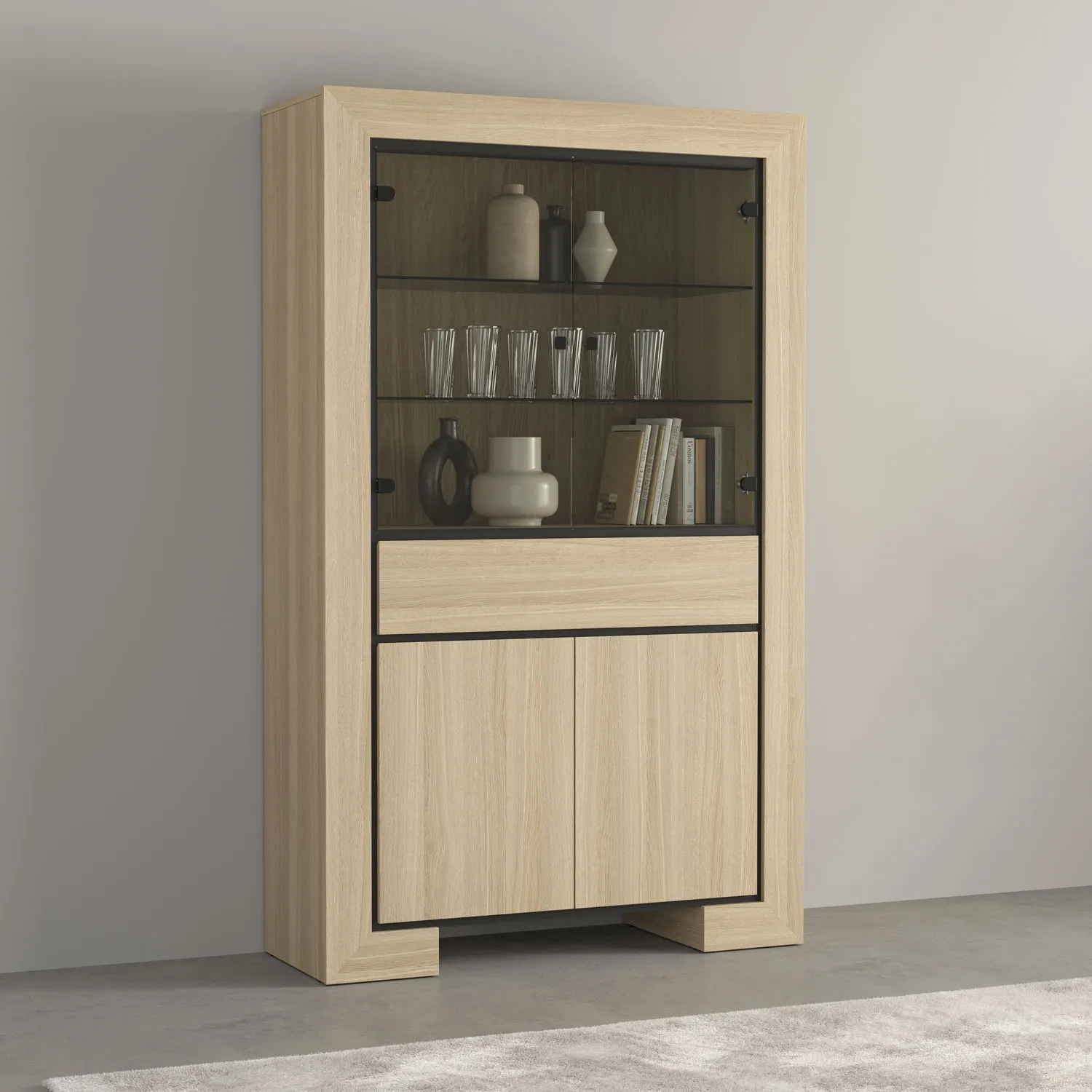 Witryna 4-drzwiowa z szufladą szklana CUBA II 113x185 dąb samdal - 24DEOC13