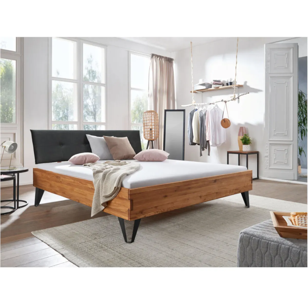 Łóżko dębowe tapicerowane FUSION 160x200 na metalowych nogach - GK_1055870201