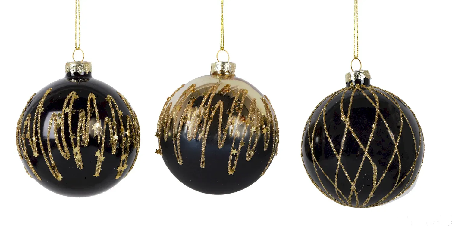 Bombki szklane 12 sztuk czarno-złote brokat