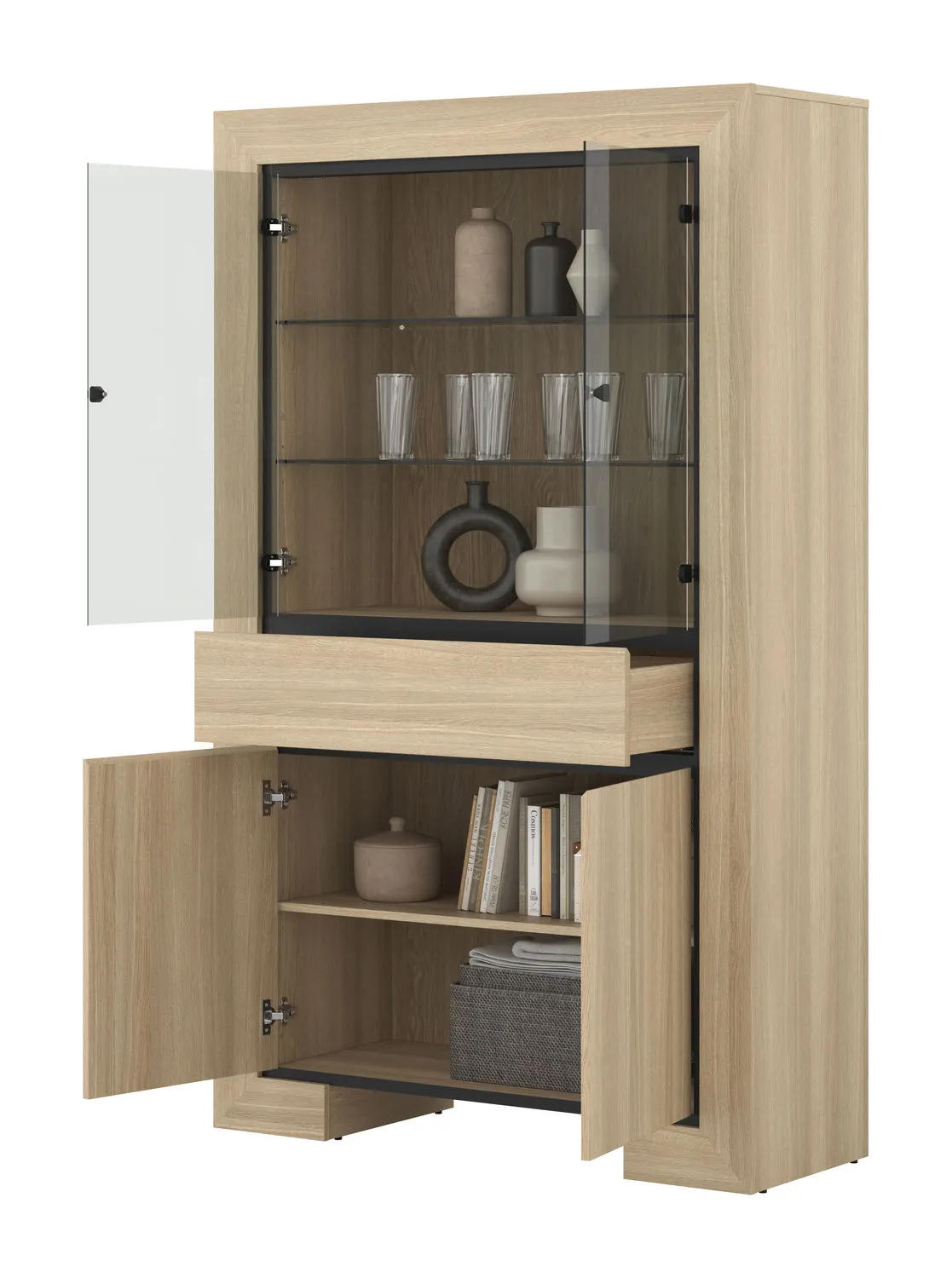 Witryna 4-drzwiowa z szufladą szklana CUBA II 113x185 dąb samdal - 24DEOC13