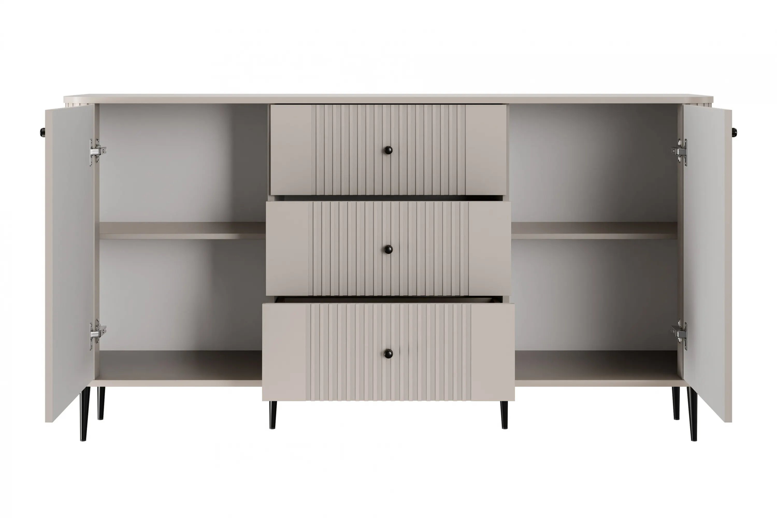 Komoda 2-drzwiowa z 3 szufladami VESPER 160 ryflowany front cashmere czarne nogi - B_163598