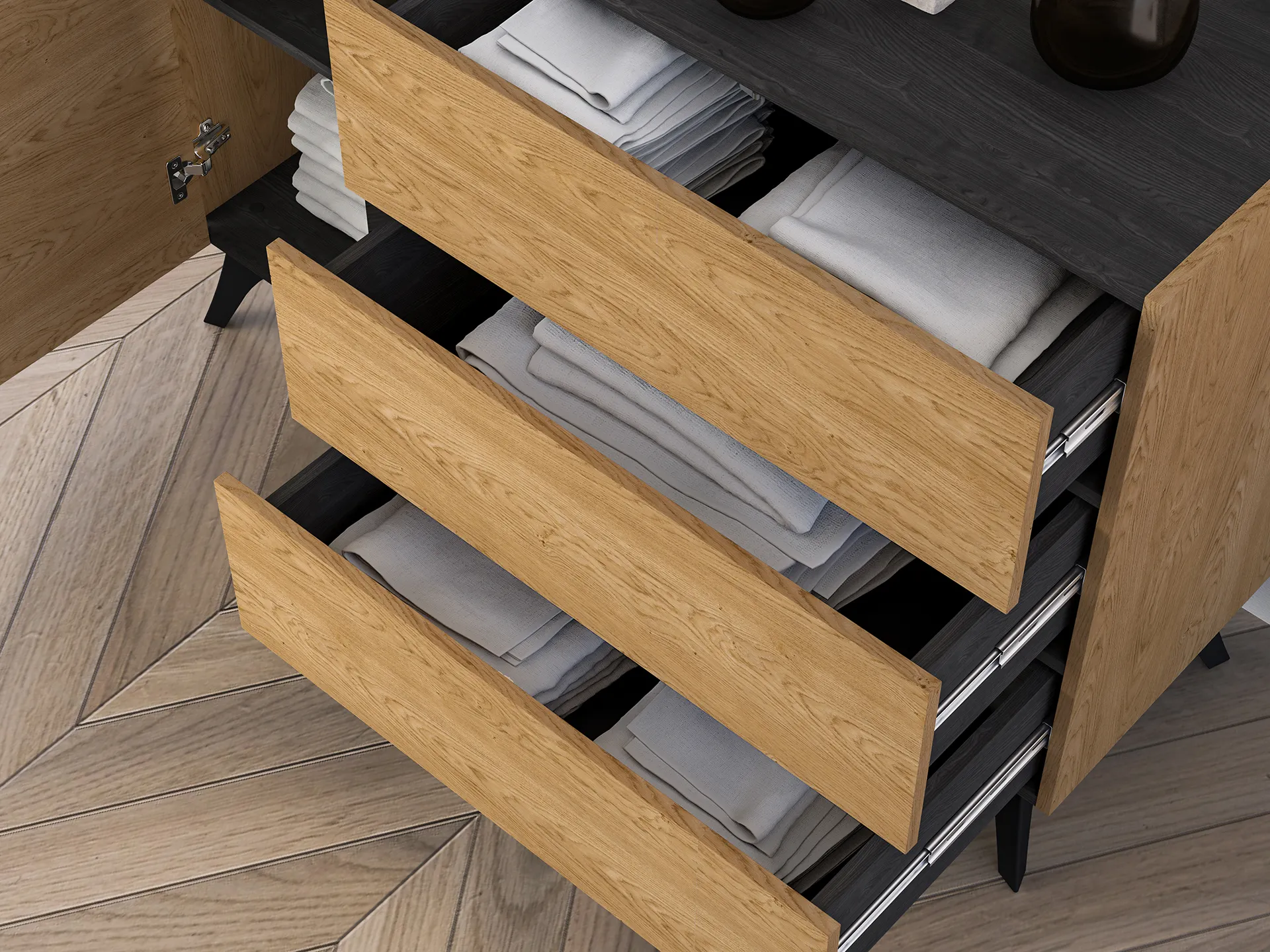 Komoda 1-drzwiowa z 3 szufladami TOSCANIA 05 dąb baltic dune jesion prestige czarny - 1TOSC05-001