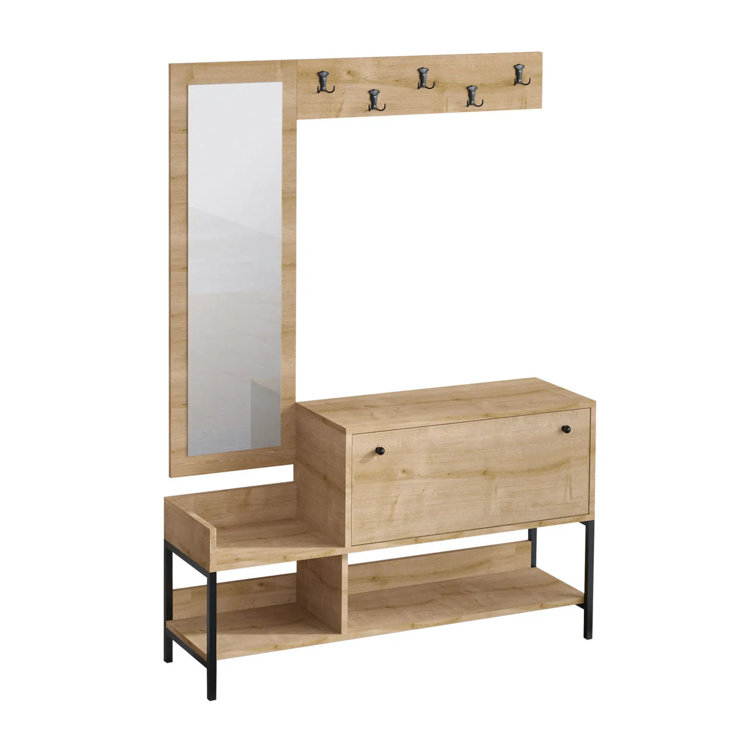 Zestaw do przedpokoju drewniany NONSO z lustrem i haczykami 120 cm dąb sapphire