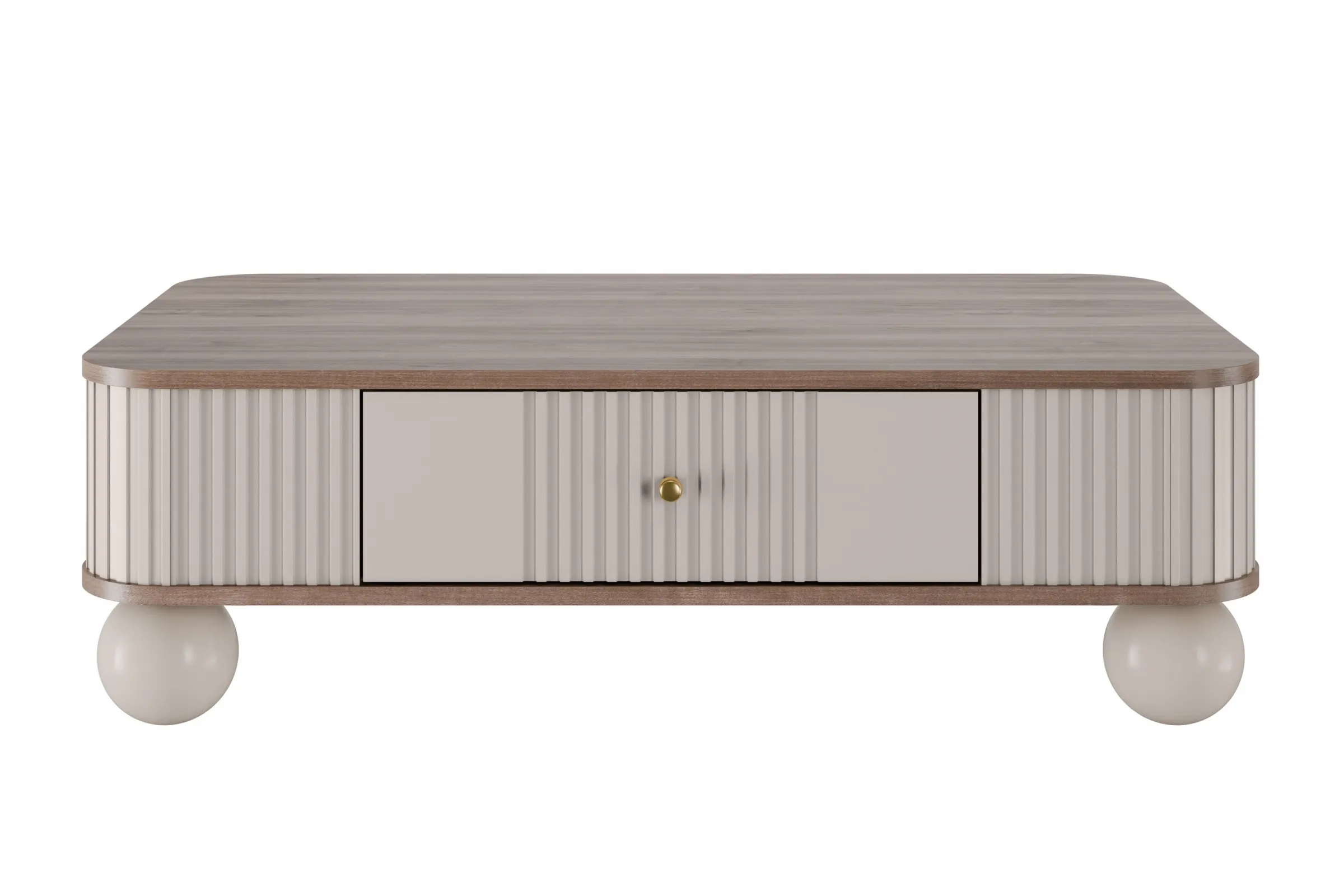 Stolik kawowy z szufladą VESPER 103 ryflowany front cashmere złote uchwyty nogi kule - B_163810