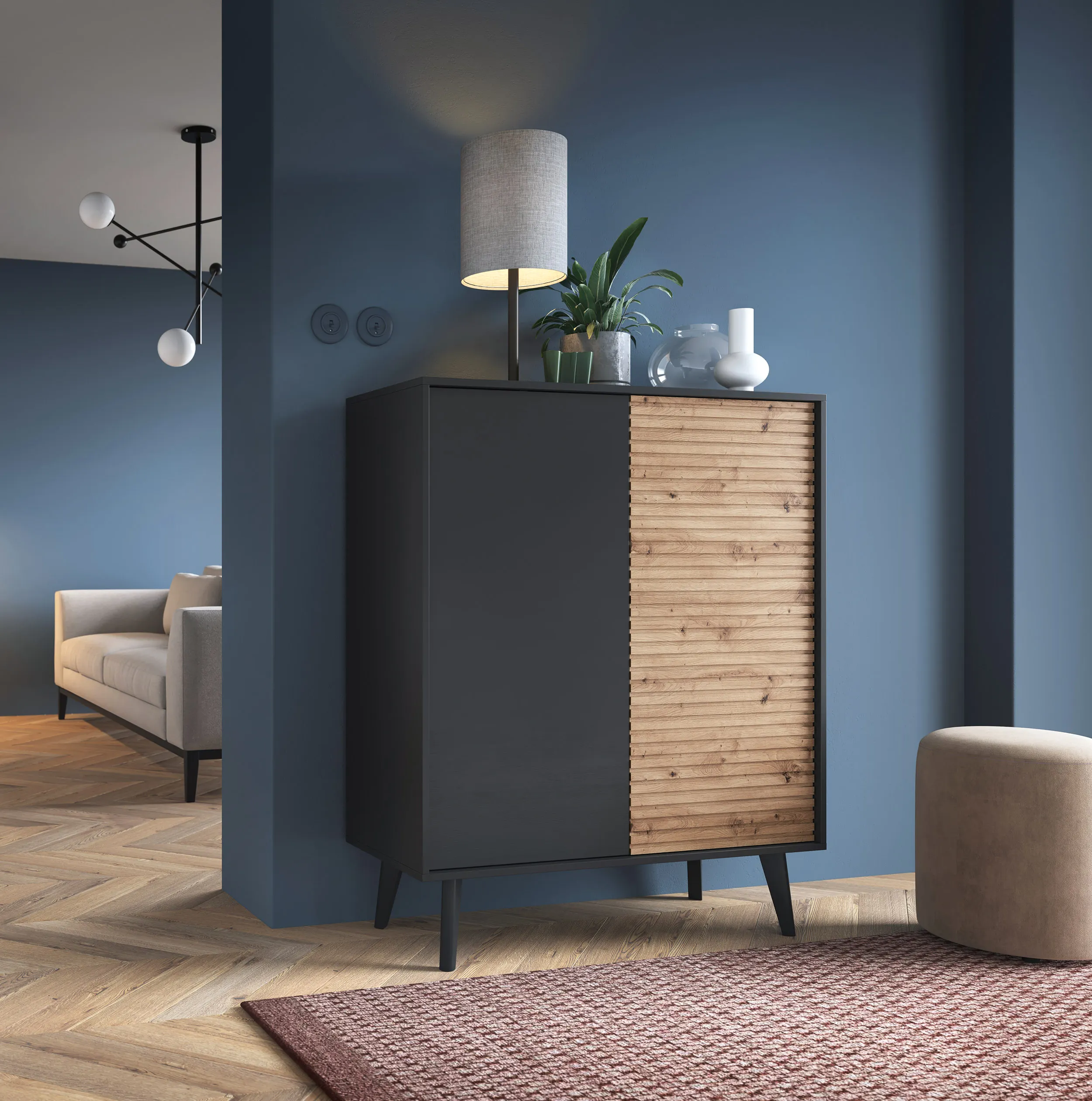 Komoda wysoka 2-drzwiowa WILLOW Dąb artisan, Czarny - WILLOW_KD104_ARTCZ