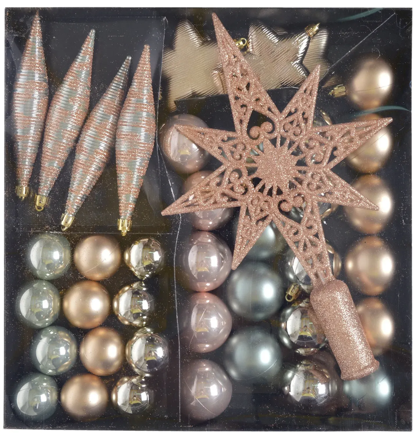 Zestaw bombek z gwiazdą na czubek szampański