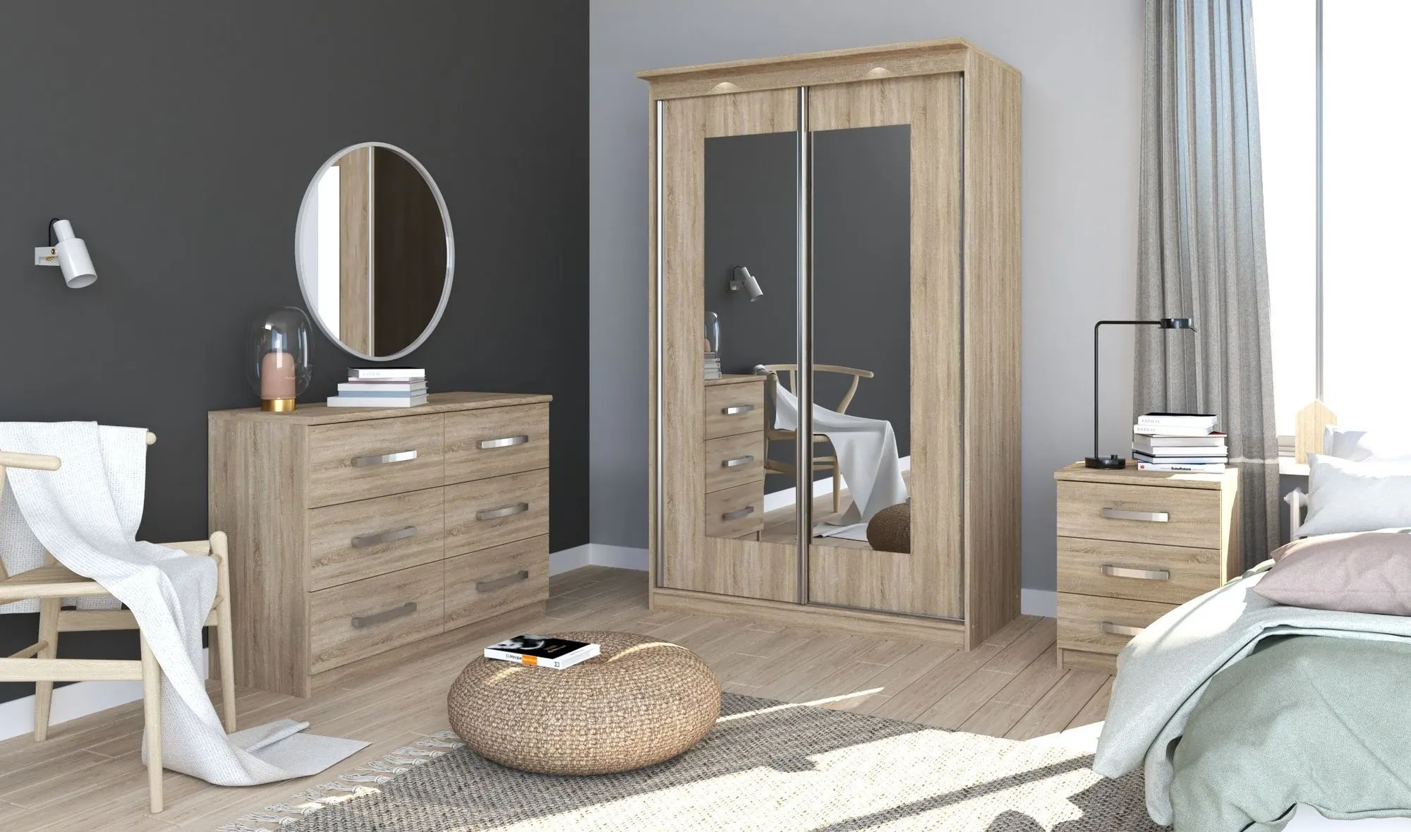 Szafa 2-drzwiowa z 2 lustrami MORTY 120cm drzwi przesuwne dąb sonoma - INT_5001992DOS1