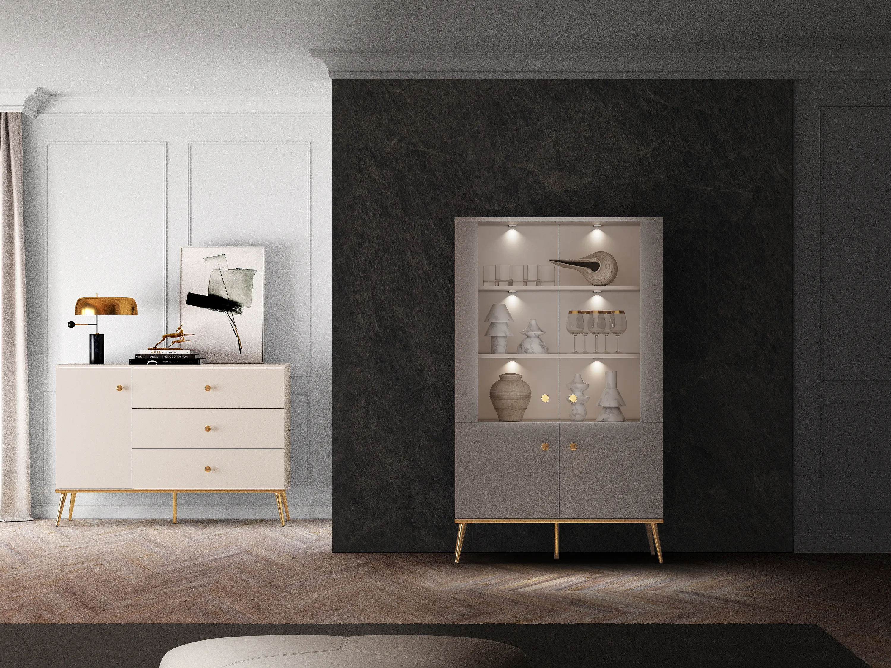 Witryna 4-drzwiowa SELGIN 02 kaszmirowy, złoty - 1SELG02-001