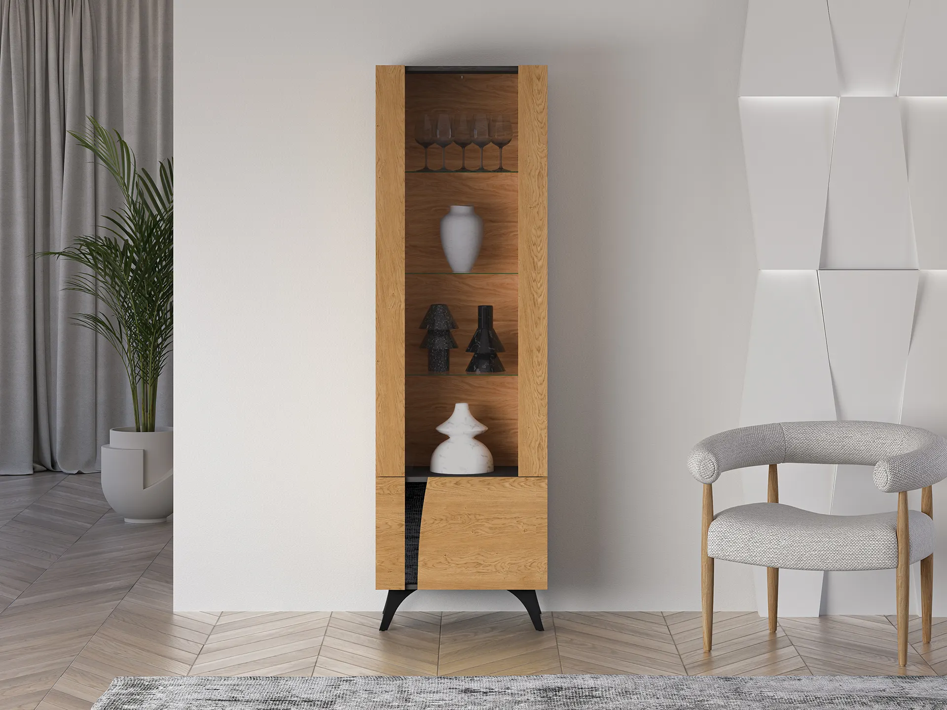 Witryna 1-drzwiowa TOSCANIA 02 prawa dąb baltic dune jesion prestige czarny — zdjęcie 7