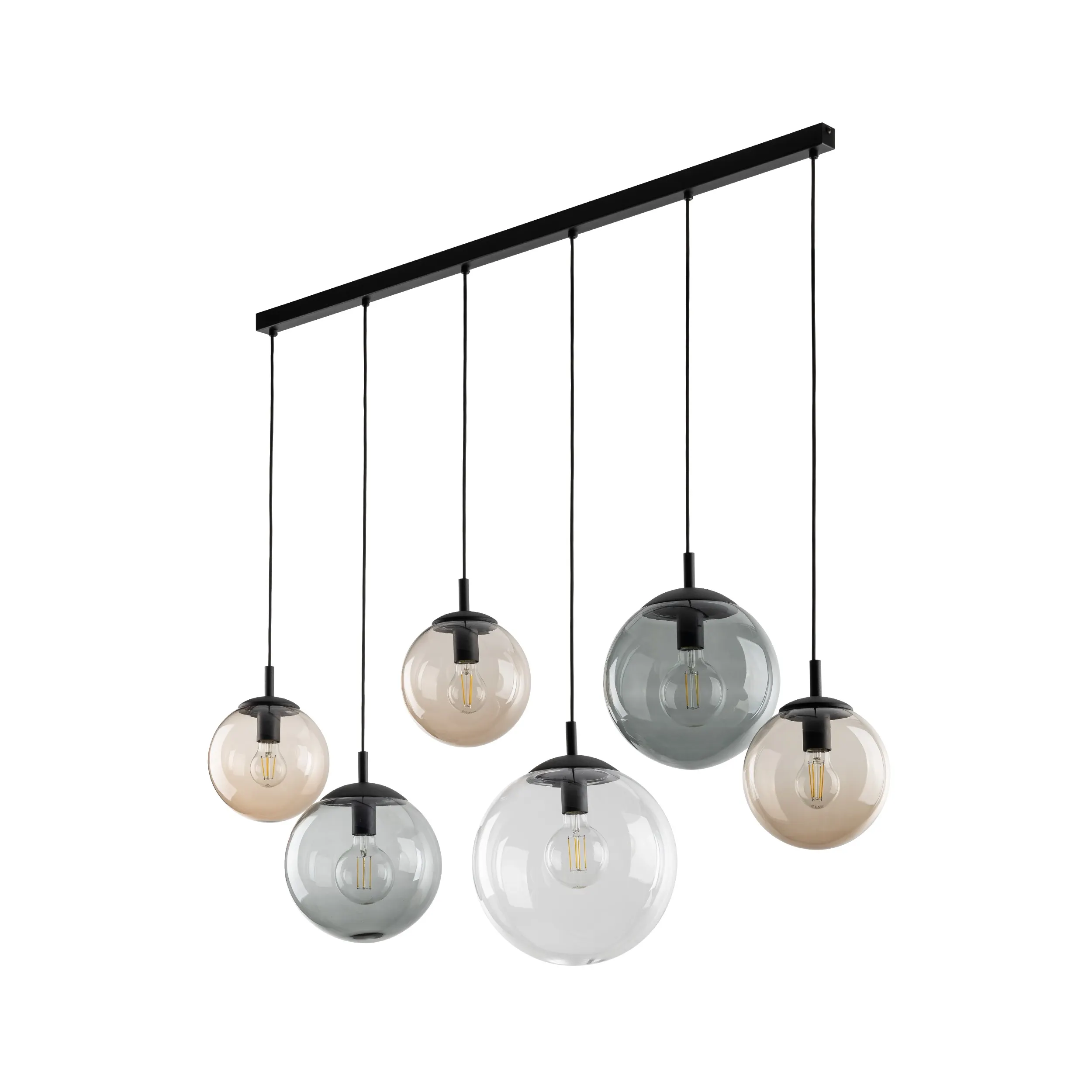 Lampa wisząca ESME MIX czarna z różnokolorowymi szare transparentne brązowe kloszami na metalowej listwie 130x11x30cm