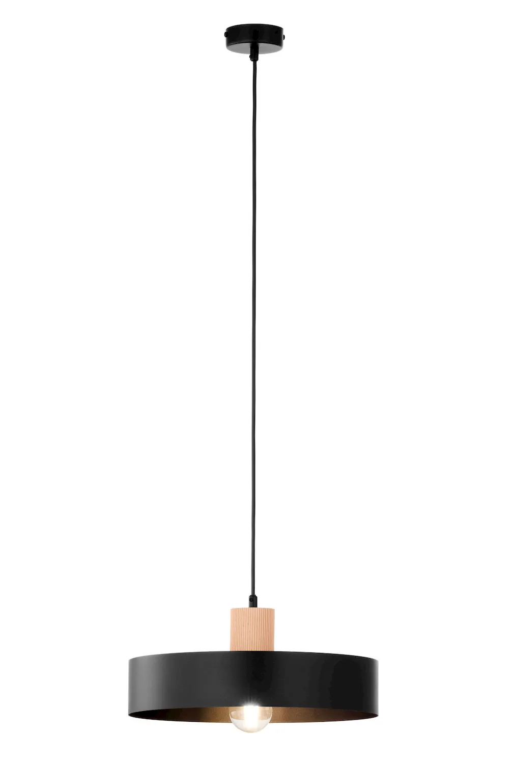 lampa wisząca, metalowa oprawa, czarna lampa, balduszek drewniany, żarówka standardowa
