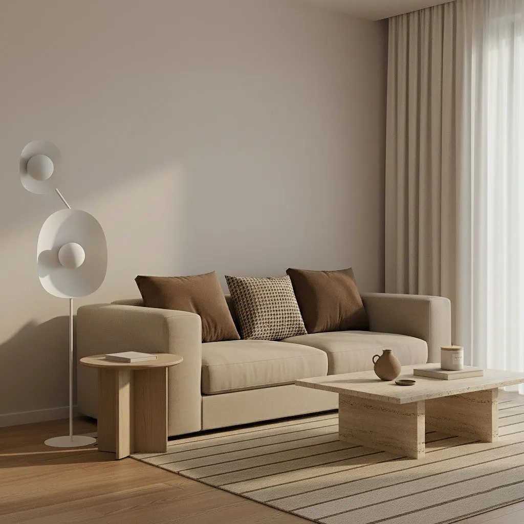 image sofa, living room, coffee table, lamp, curtains
