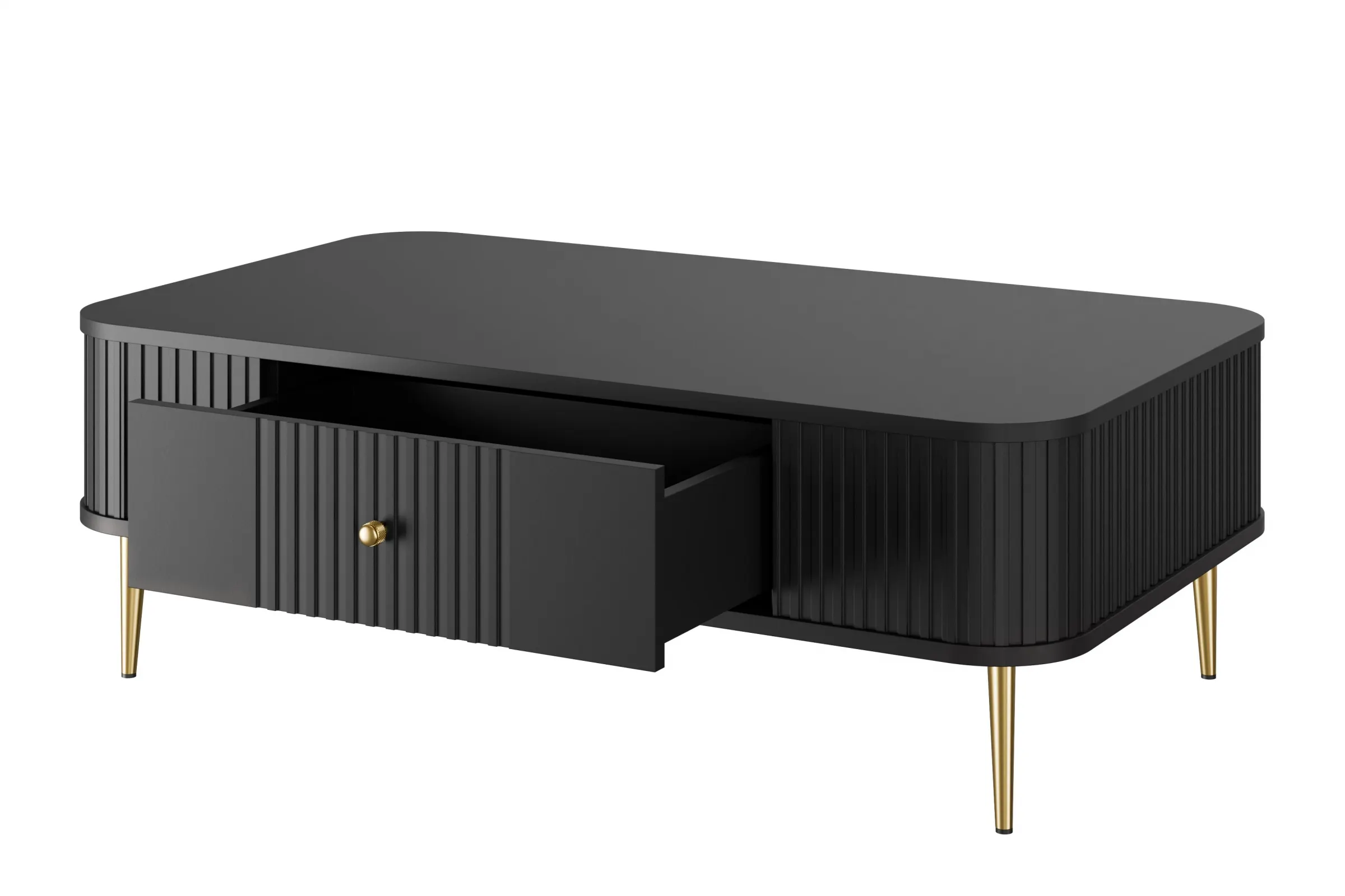 Stolik kawowy z szufladą VESPER 103 ryflowany front czarny złote nogi - B_163816