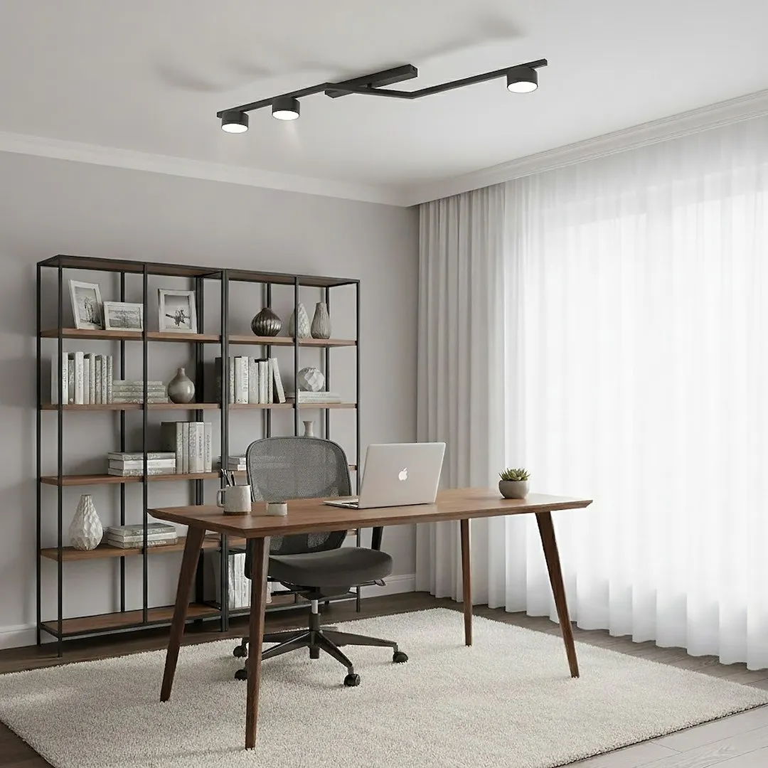 image biurko, stół drewniany, regał metalowy, biurko z drewnianymi nogami, podkład dywanowy