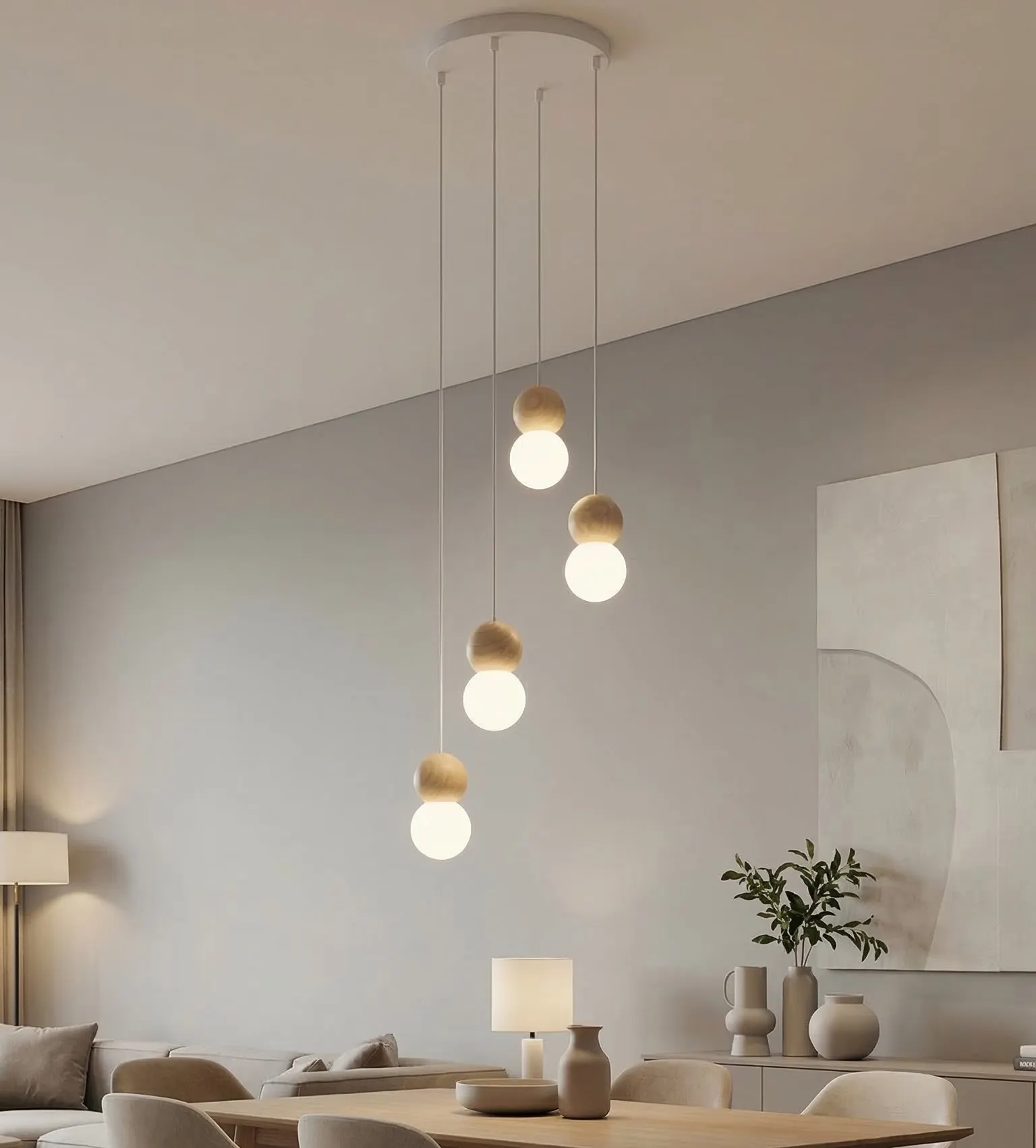 lampa wisząca, kule LED, zestaw kinkietowy?, jadalnia, biało-beżowy
