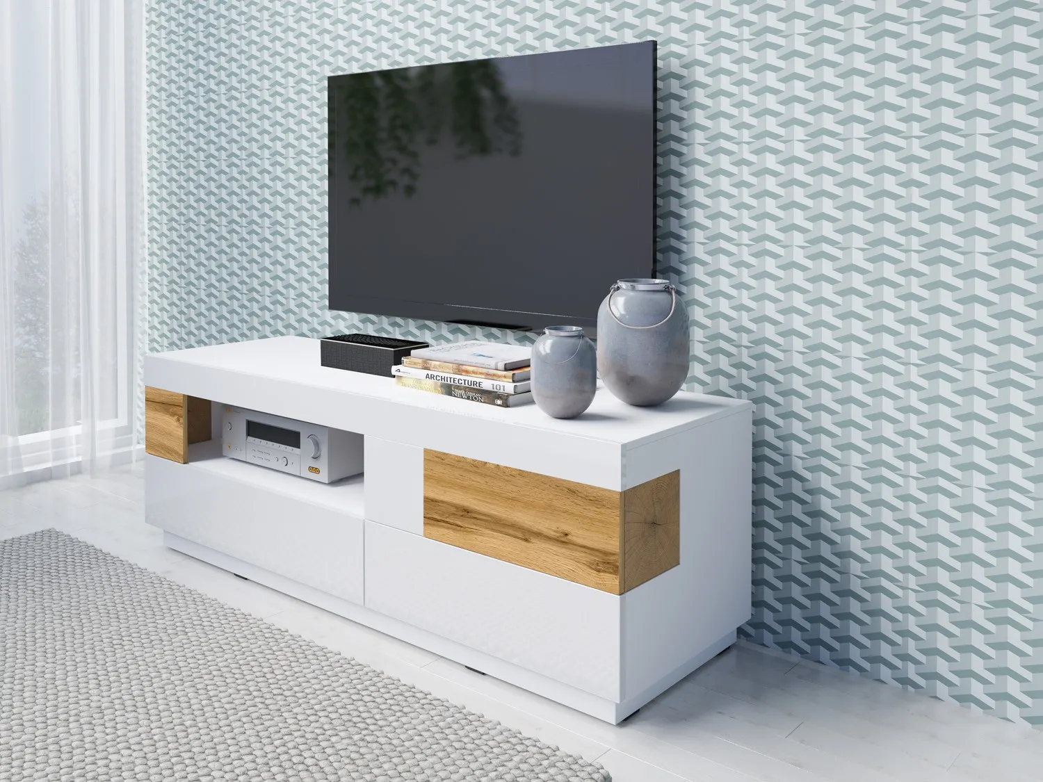 Szafka RTV SILKE 41 biała dąb wotan 160x54x50cm