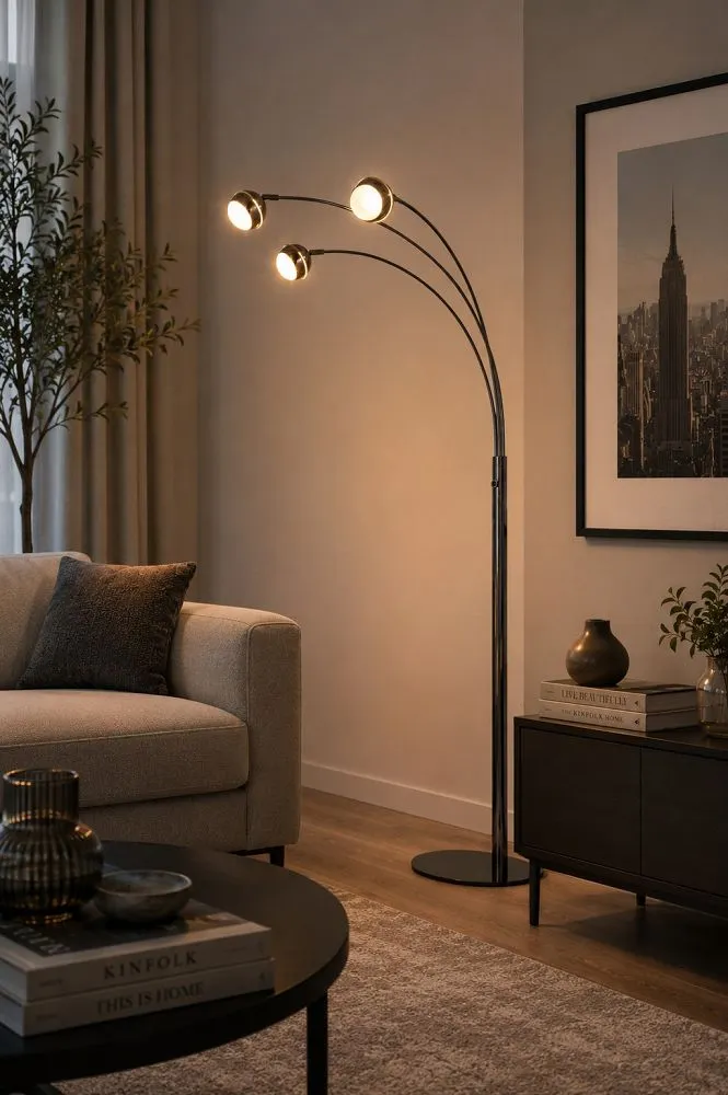 lampa stojąca, trzyramienna, kuliste klosze, ciemne metal, wnętrze mieszkaniowe