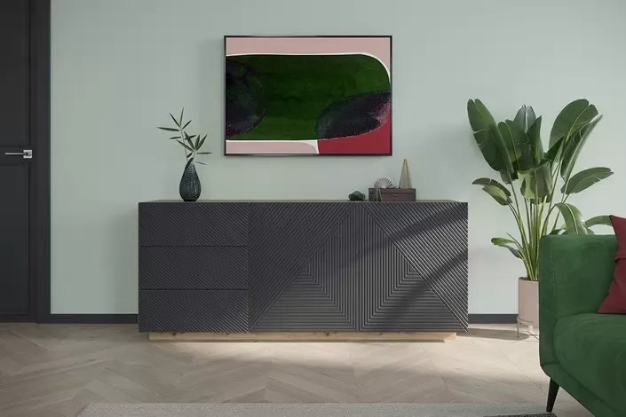 Komoda ASHA 167 z szufladami - szara - dąb artisan - ryflowany front - cokół - B_57068