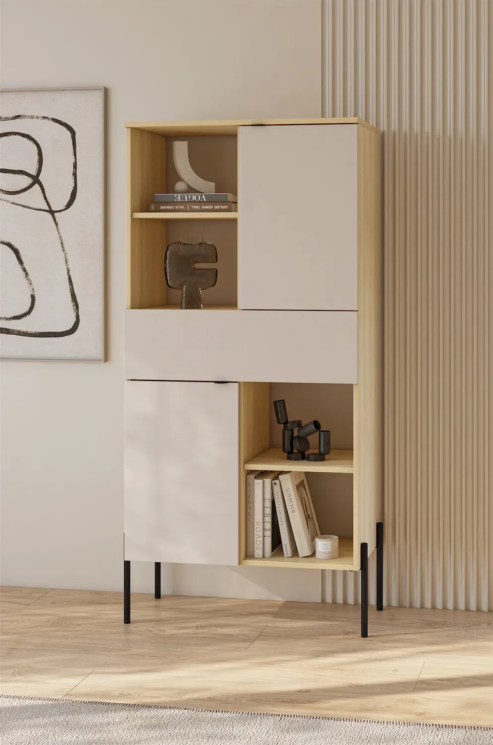 Komoda wysoka 2-drzwiowa z szufladą ORE dąb lindberg kaszmir czarne nóżki - 24LKOG42