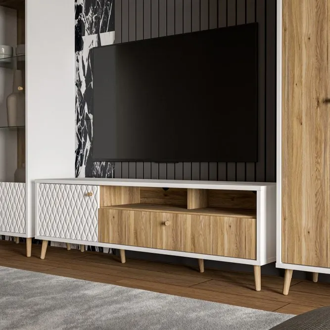 Szafka RTV AKSANA L 1-drzwiowa z szufladą - dąb mauvella, biały - AKNT122L-M992