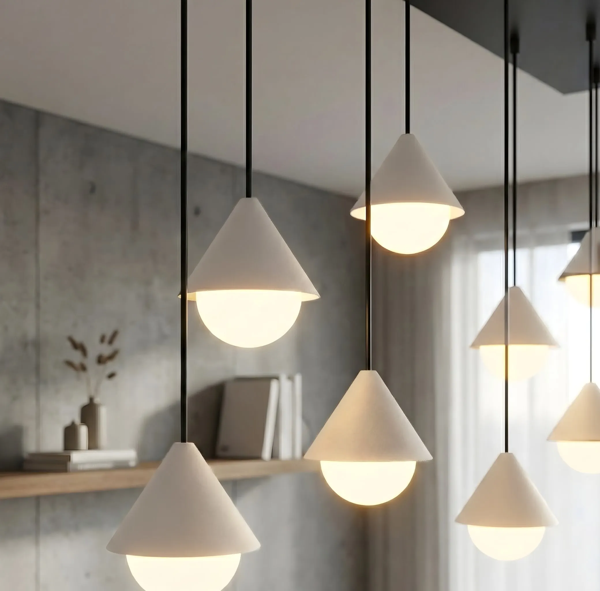 image lampa wisząca, lampa sufitowa, geometryczny design, matowy biały, żarówka LED