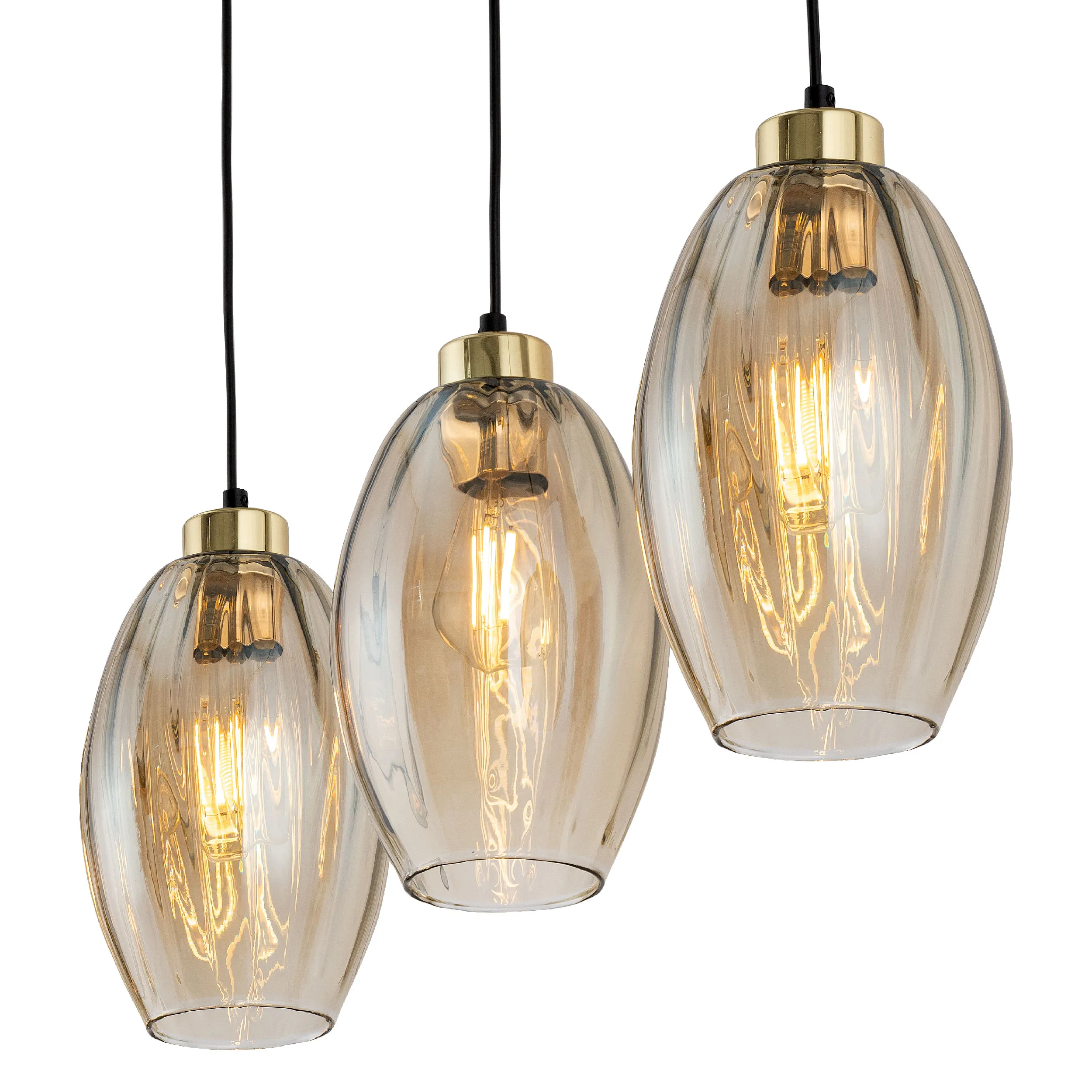 Lampa wisząca SEBO czarna ze złotymi elementami bursztynowymi transparentnymi szklanymi kloszami na metalowej listwie 100x80x16cm - TK_4635