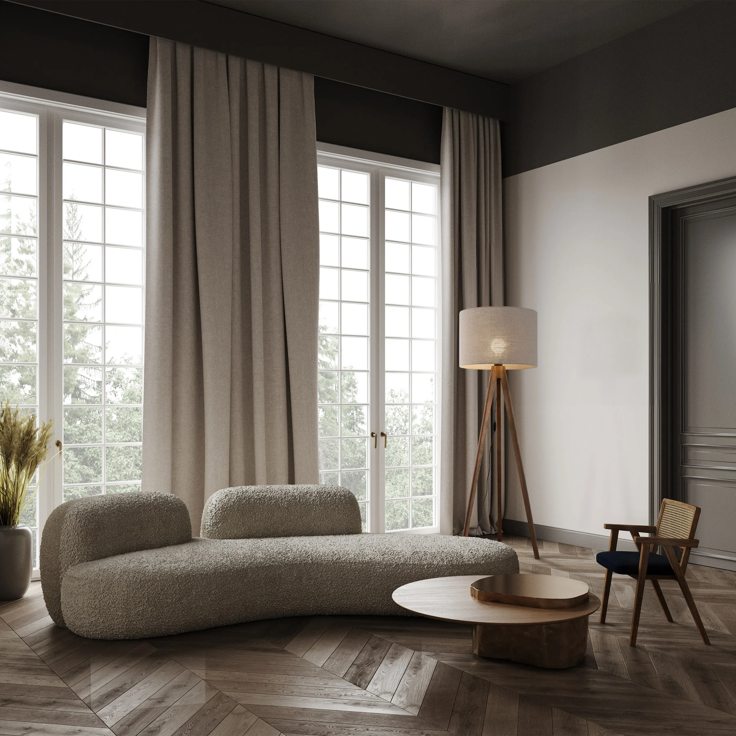 Lampa podłogowa GRAND orzechowe ciemne nogi brązowy okrągły abażur 145x50cm - TK_16018