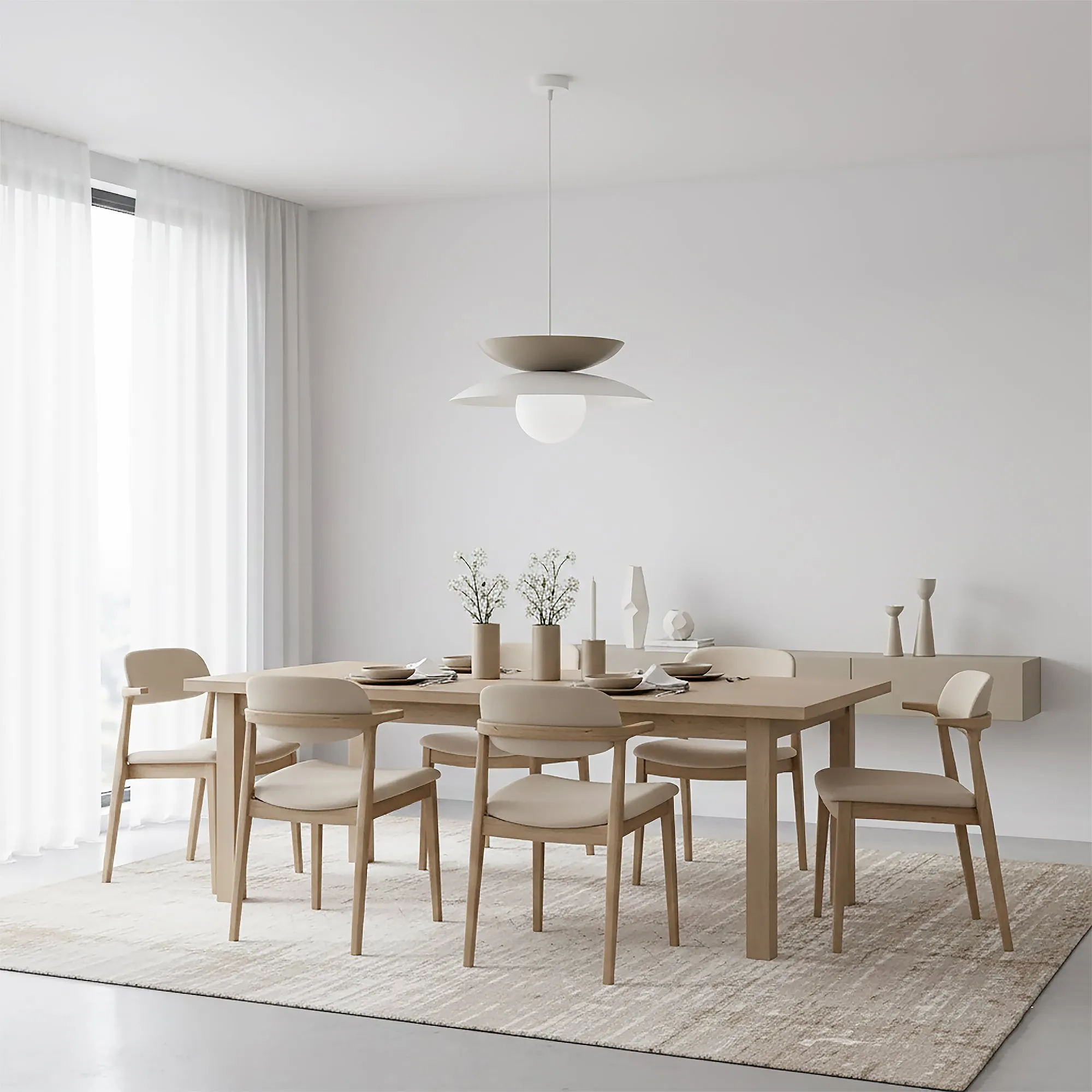 image stół jadalniany, drewniany, naturalny kolor, zestaw mebli, lampowy design