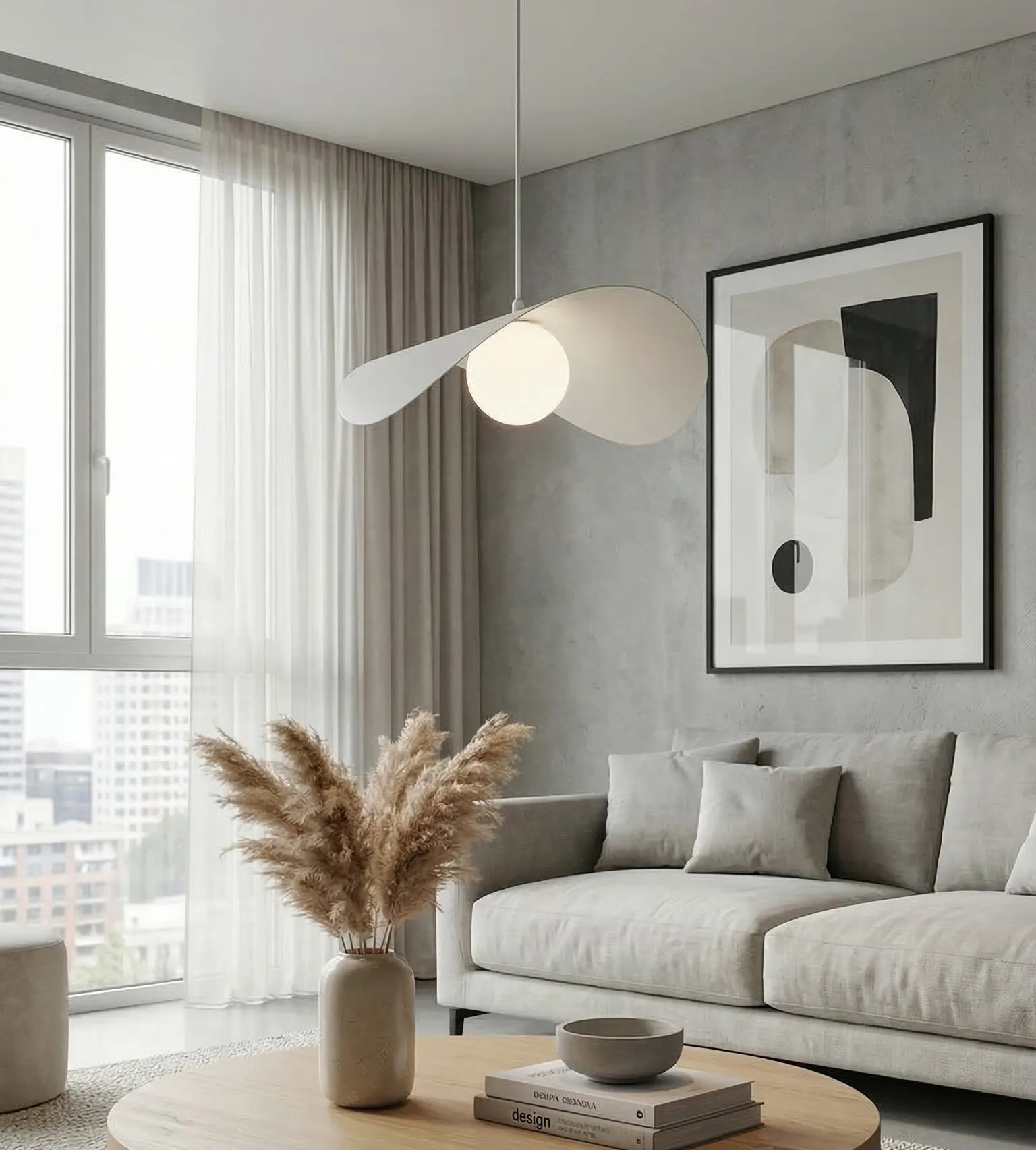 image lampa wisząca, designowy salon, sofa szary, plakat abstrakcyjny, konsola