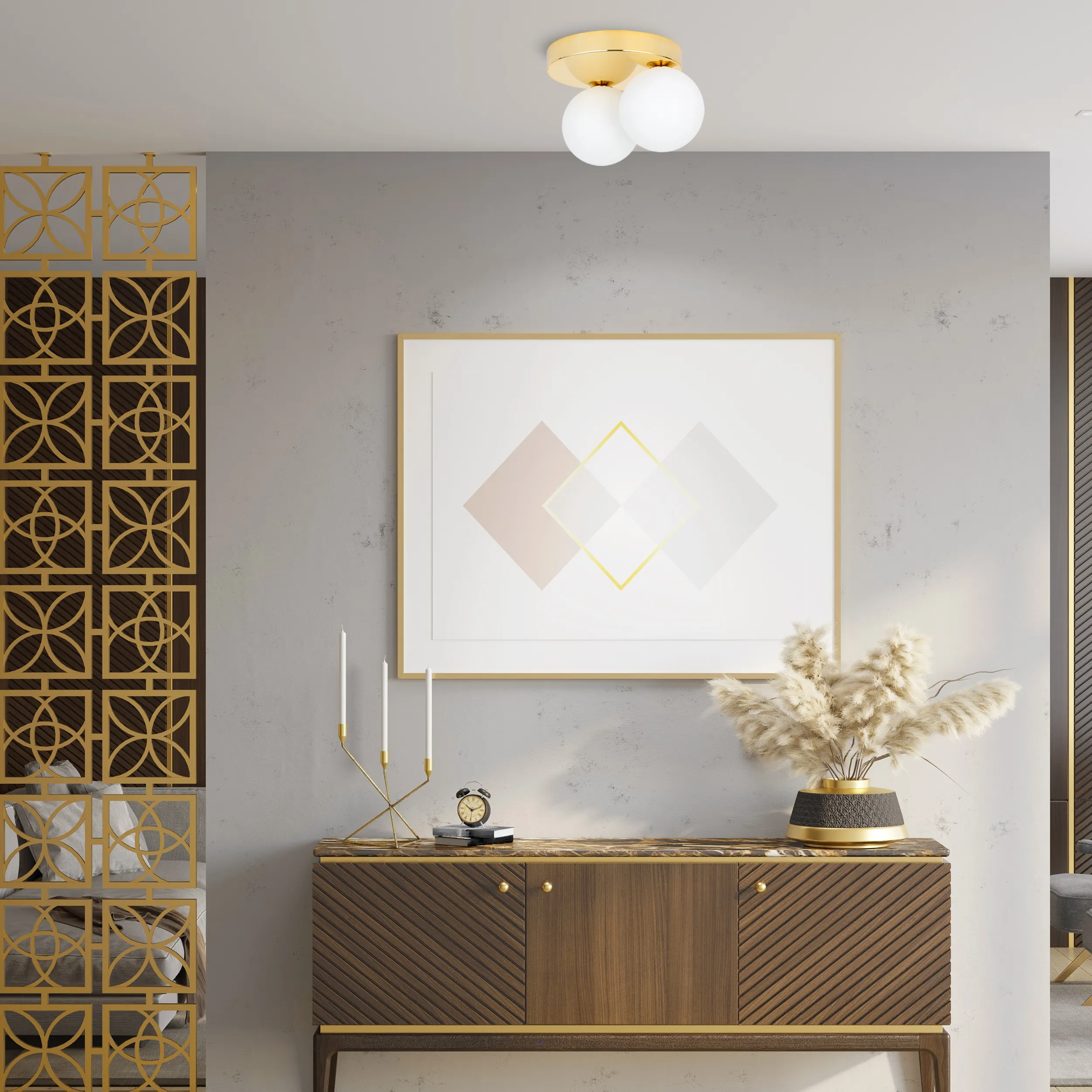 Lampa sufitowa BIANCA złota z białymi okrągłymi szklanymi kloszami na okrągłej podstawie 24x19x15cm - TK_4696