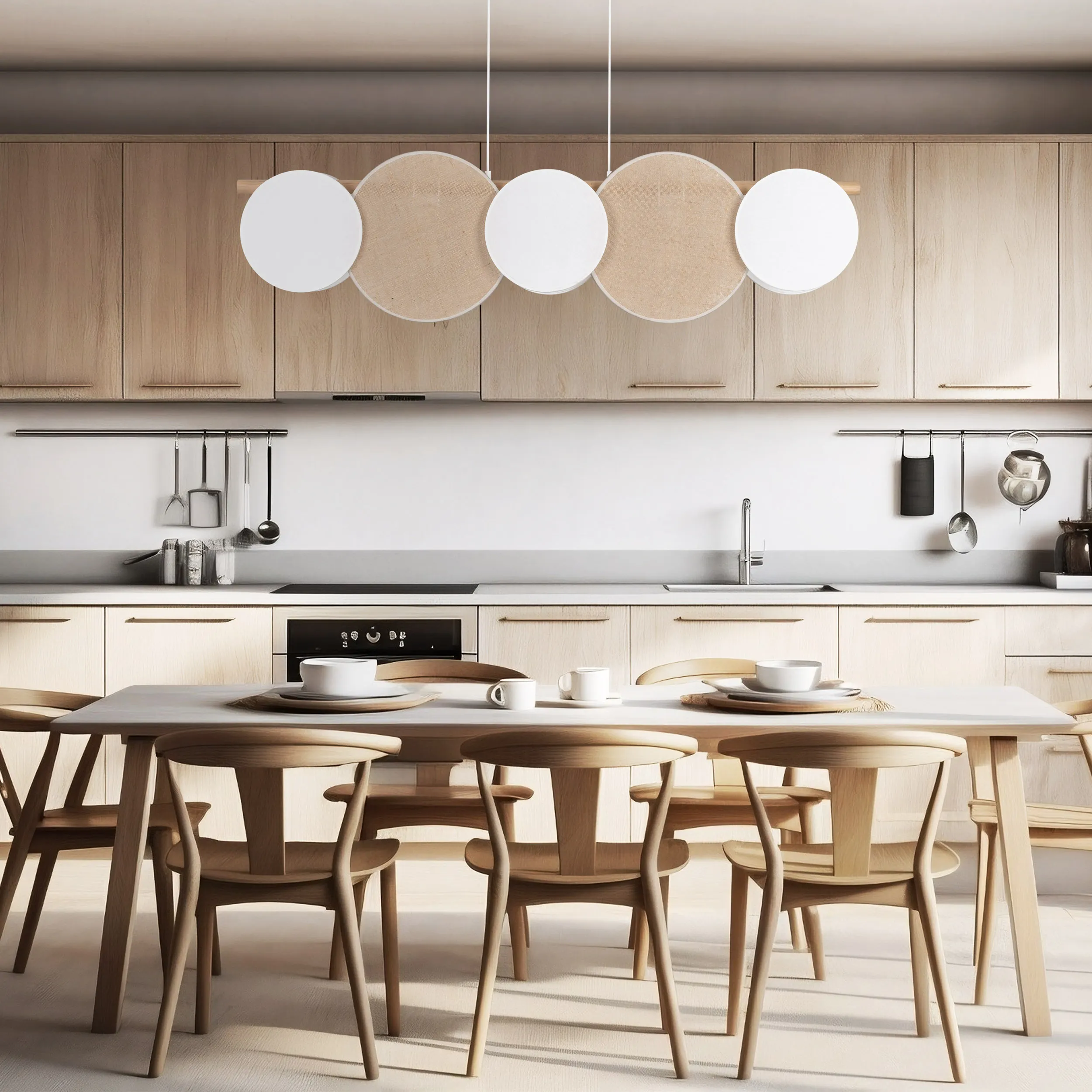 Lampa wisząca PULSE biała na drewnianej listwie klosze biało brązowe 126x115x15cm - TK_4815