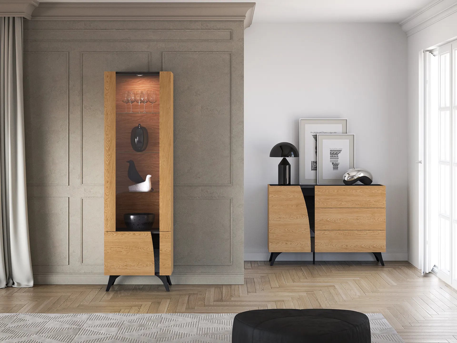 Witryna 1-drzwiowa TOSCANIA 02 lewa dąb baltic dune jesion prestige czarny - 1TOSC02L-001