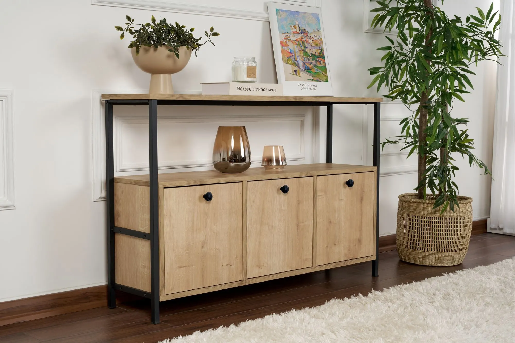 Konsola 3-drzwiowa SOLACE 120 cm dąb czarny metalowy stelaż — zdjęcie 6