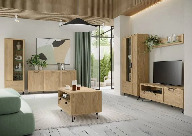 Witryna LIMBO 11 jednodrzwiowa z drewna dębowego z oświetleniem dąb naturalny 200x65x42cm - TH-100-1586