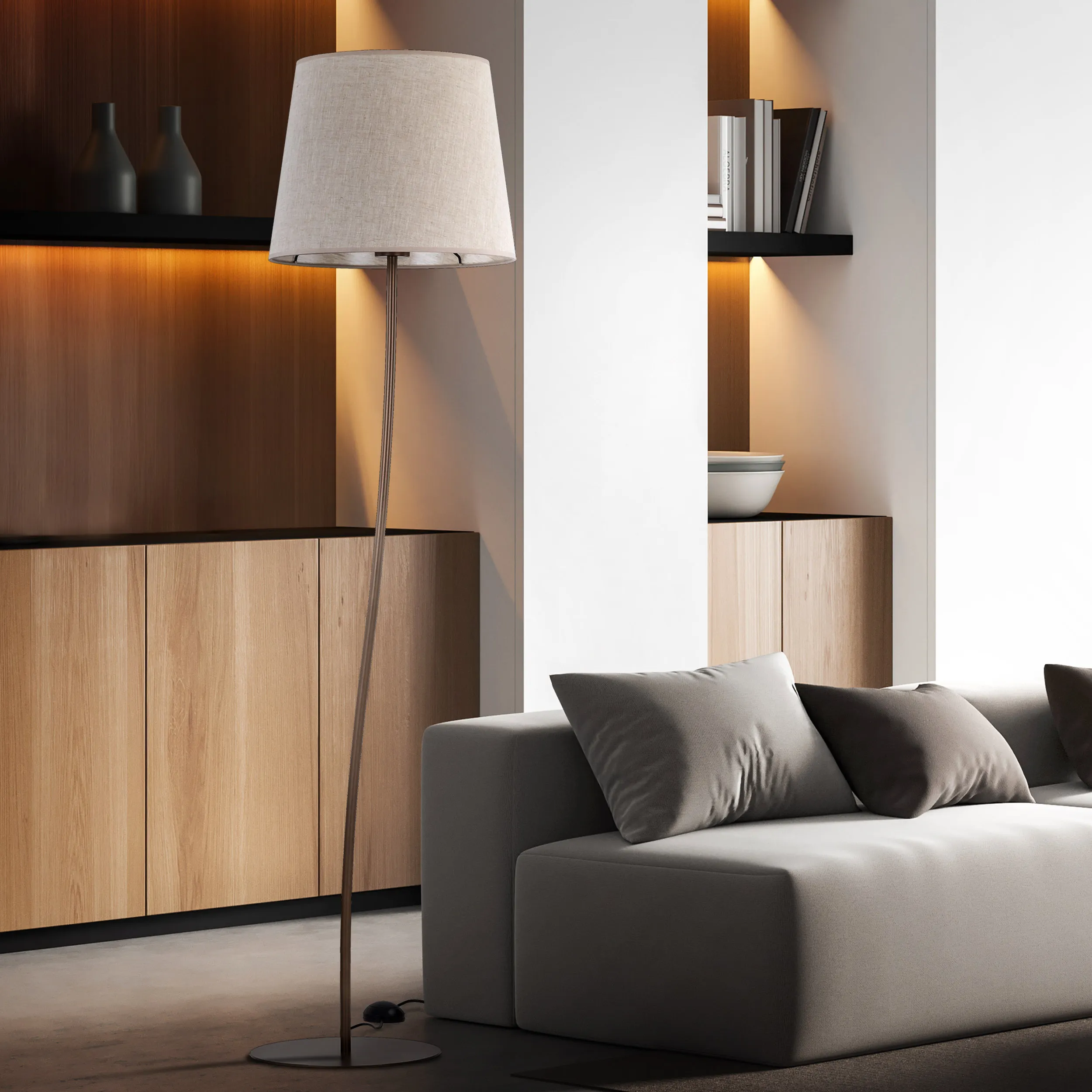 Lampa podłogowa NICOLA brązowa z abażurem z tkaniny okrągłym 150x44cm - TK_16028