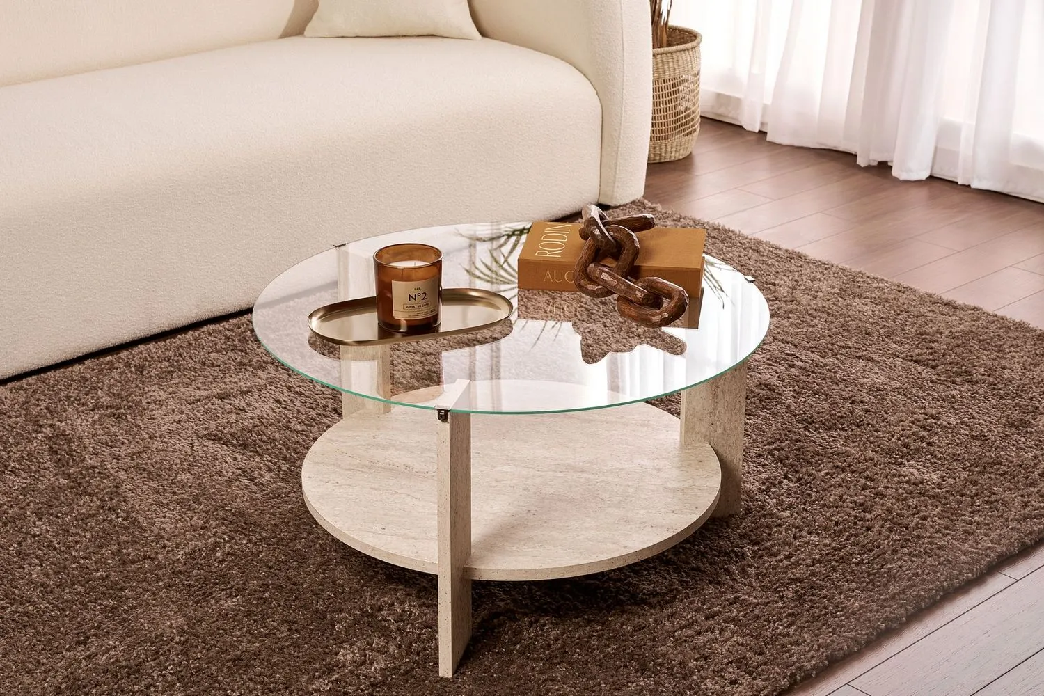 Stolik kawowy okrągły z półką CLARA 75 cm trawertynowy blat transparentny - ASI_668NRD1112