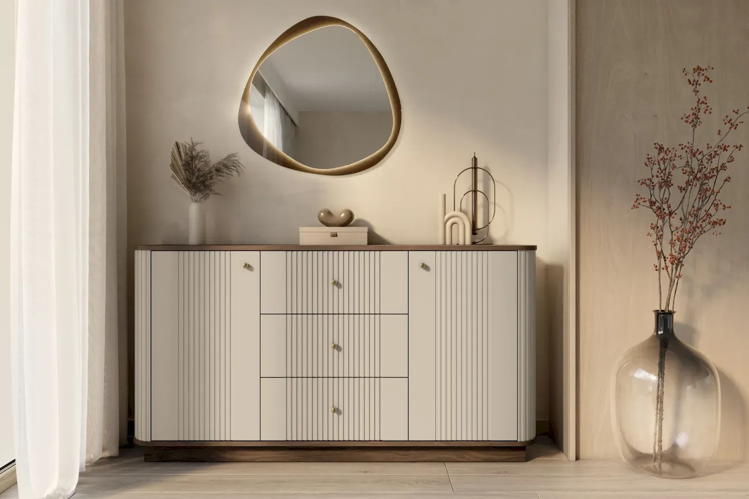 Komoda 2-drzwiowa z 3 szufladami VESPER 160 ryflowany front - cashmere orzech złote uchwyty cokół - B_169439