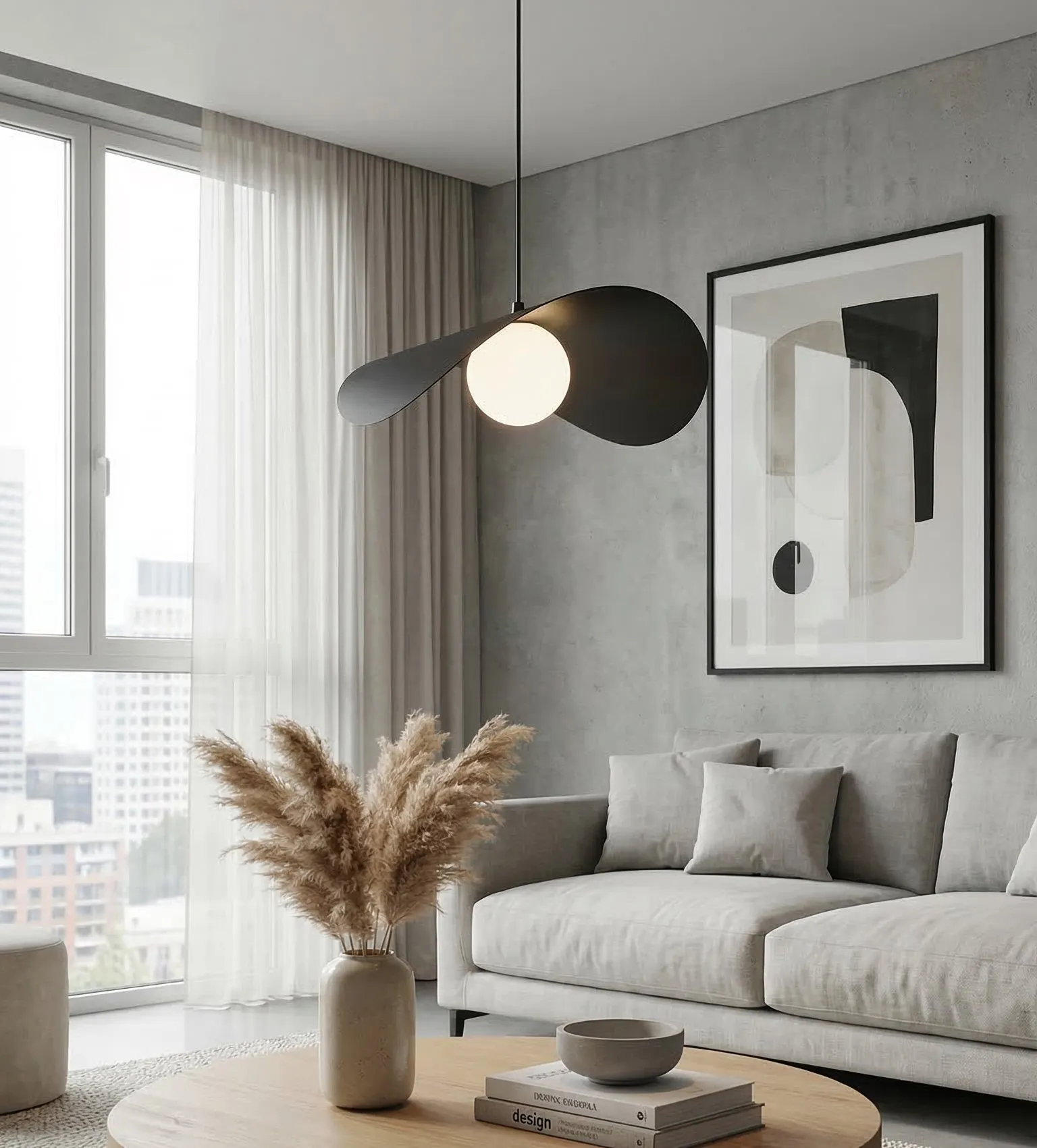 lampa wisząca, nowoczesny salon, szara ściana, stolik kawowy, rośliny i dywan