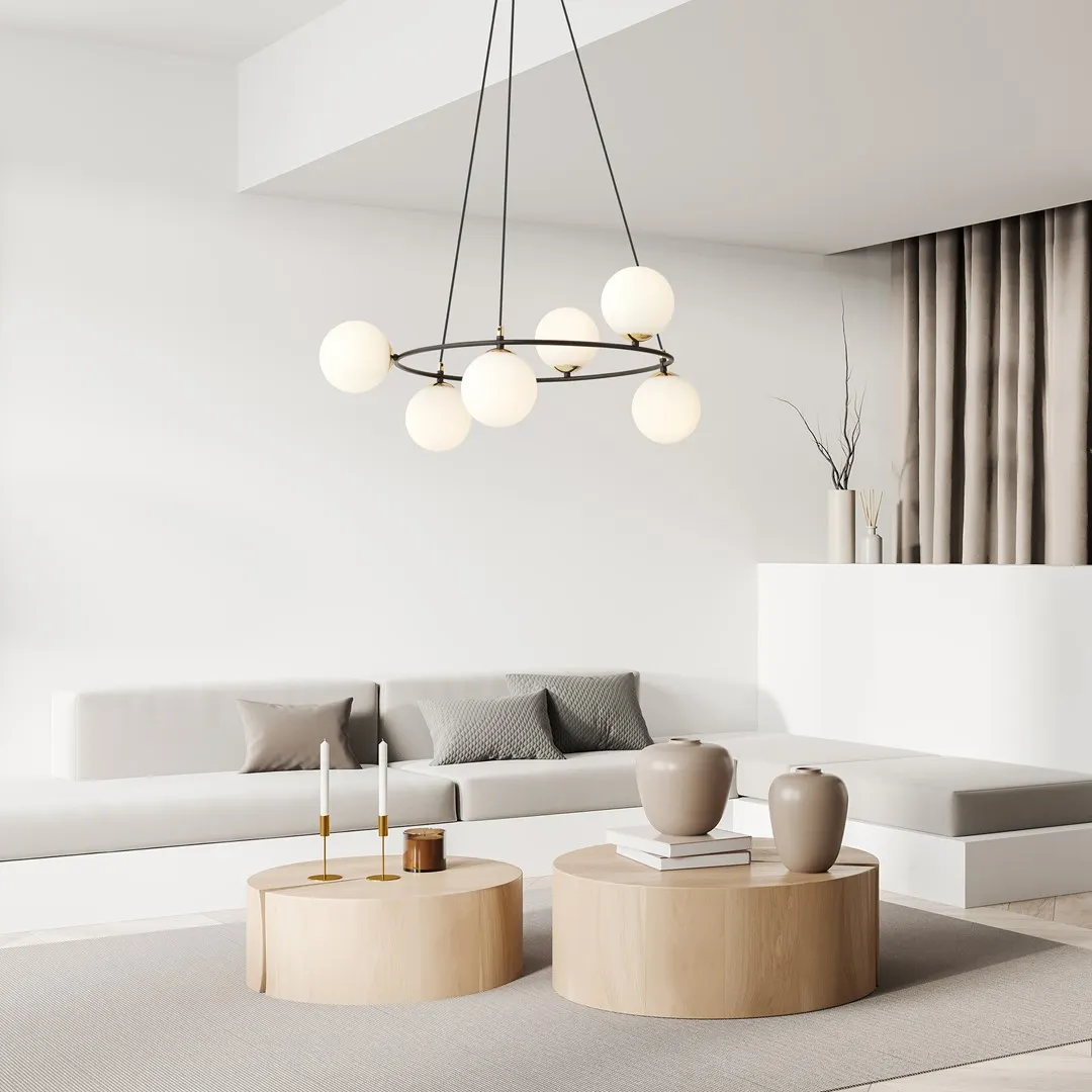 image lampa sufitowa, kule świetlne, minimalistyczny styl, ława/sofa, drewniane stoliki