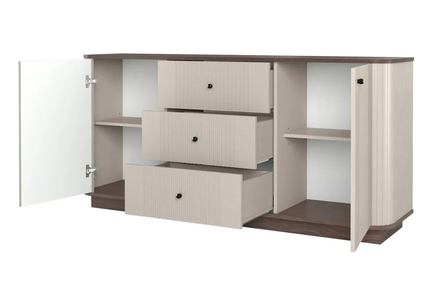 Komoda 2-drzwiowa z 3 szufladami VESPER 160 ryflowany front - cashmere orzech czarne uchwyty cokół - B_169441