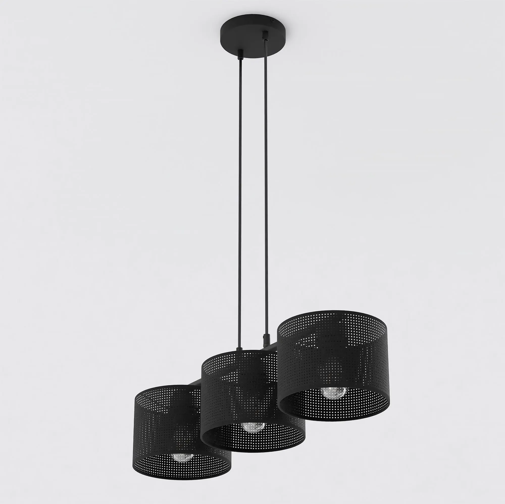 image lampa wisząca, trzy moduły, metal, czarny, perforowana osłona