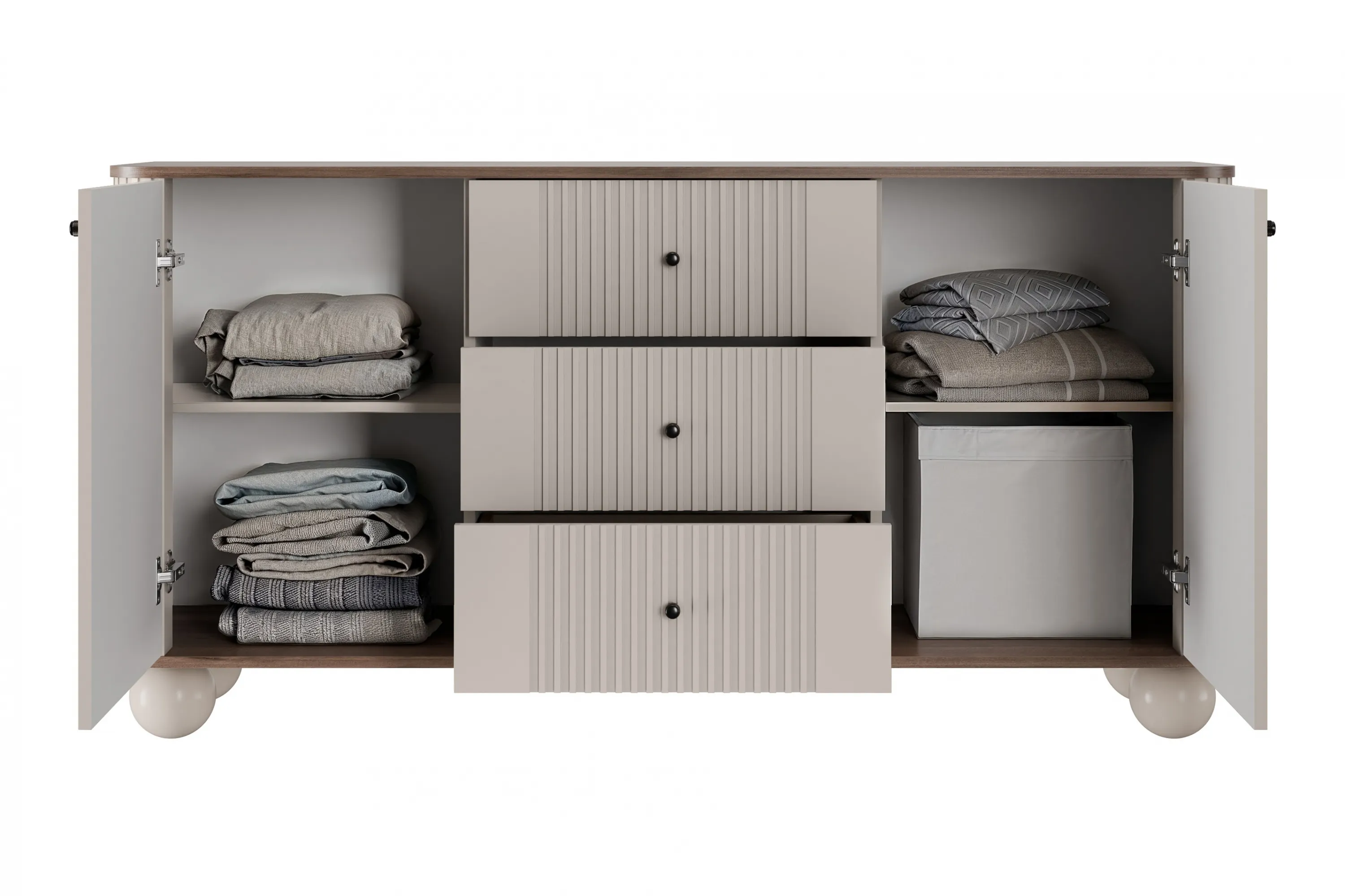 Komoda 2-drzwiowa z 3 szufladami VESPER 160 ryflowany front cashmere orzech czarne uchwyty nogi kule - B_163610