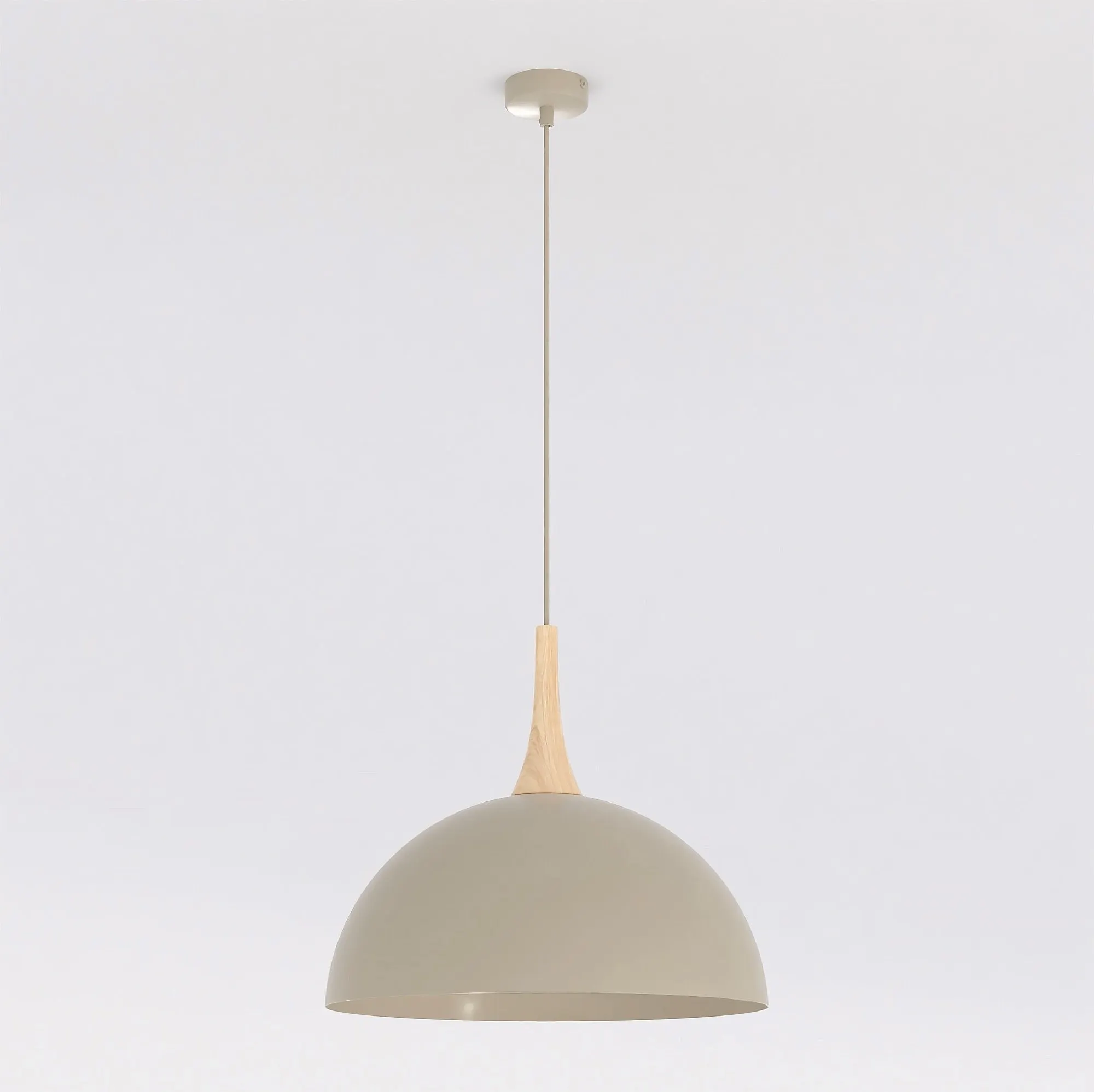 lampa wisząca, kinkiet wiszący, szara lampa, klosz misy, drewniany uchwyt