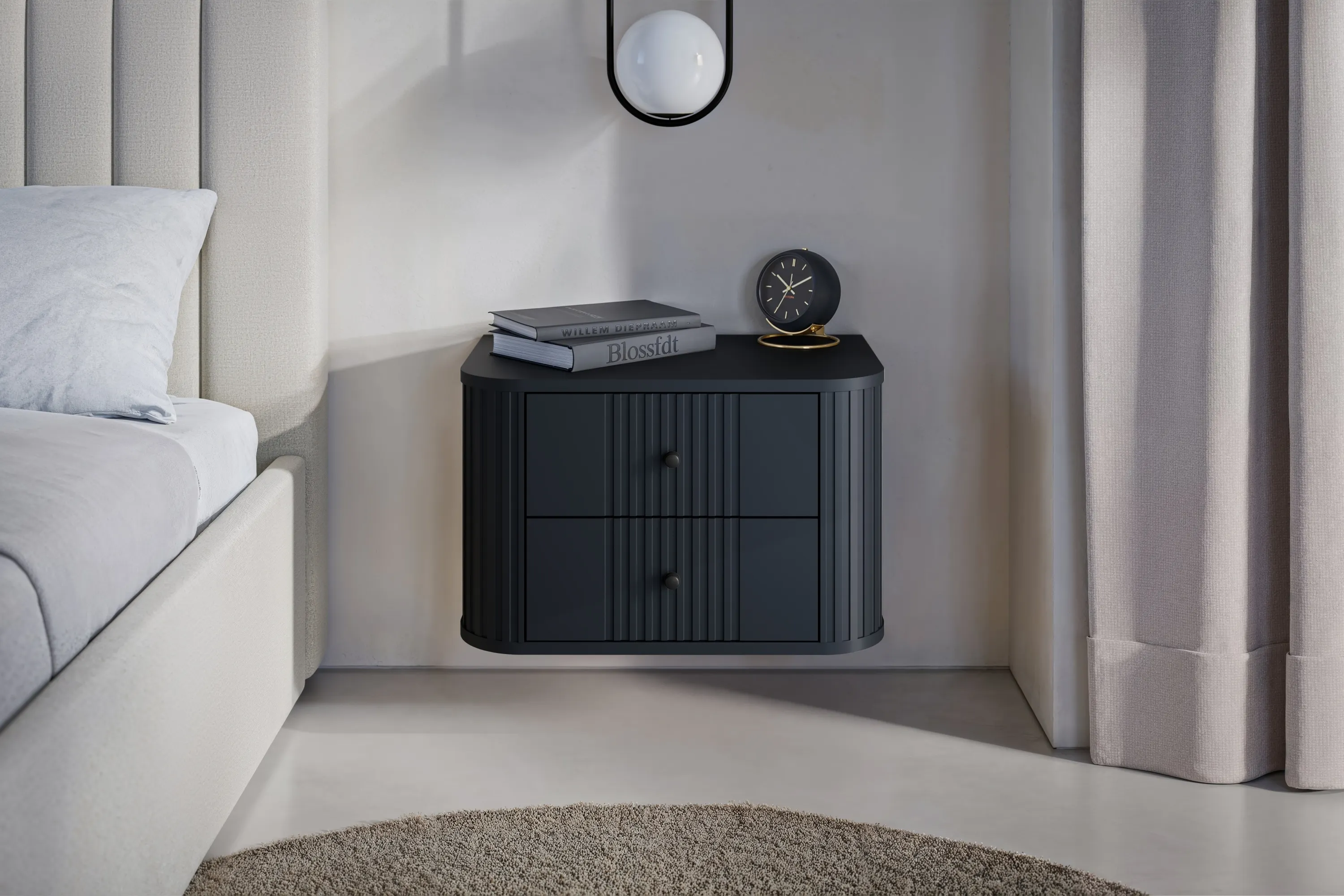 Szafka nocna wisząca z 2 szufladami VESPER 56 zestaw 2 sztuk ryflowany front czarny wisząca - B_163855