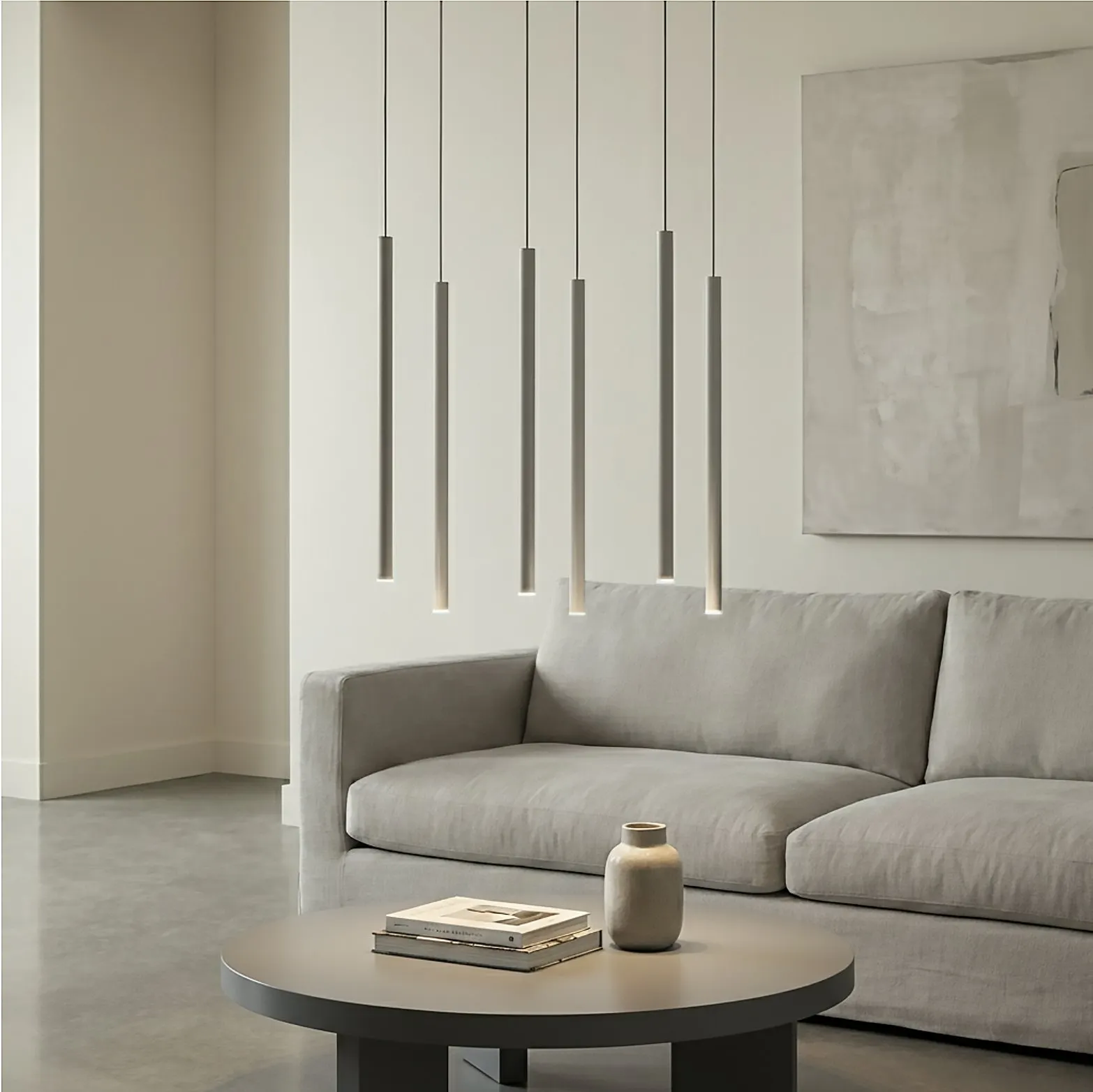 image sofa, lampa wisząca, kinkiety, minimalizm, wnętrze