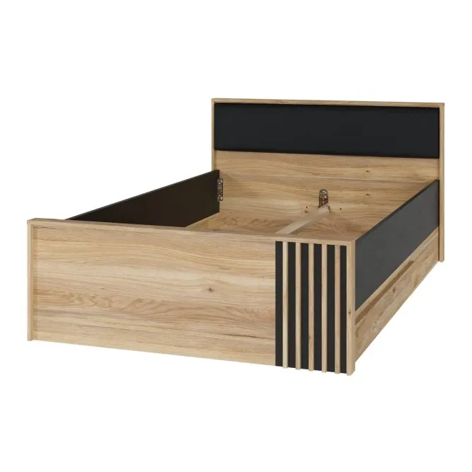 image łóżko półkoszowe, rama łóżka, drewno, tapicerka czarna, nowoczesny design