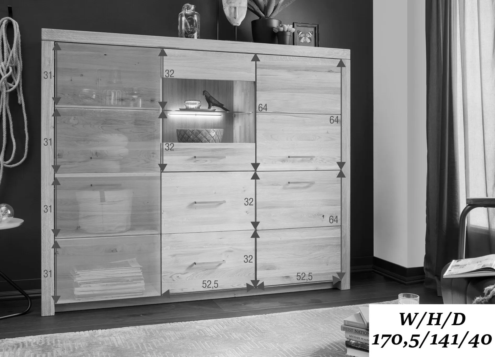 Kredens dębowy z przeszkleniem DOVE 170x141 z szufladami - GK_1031690501