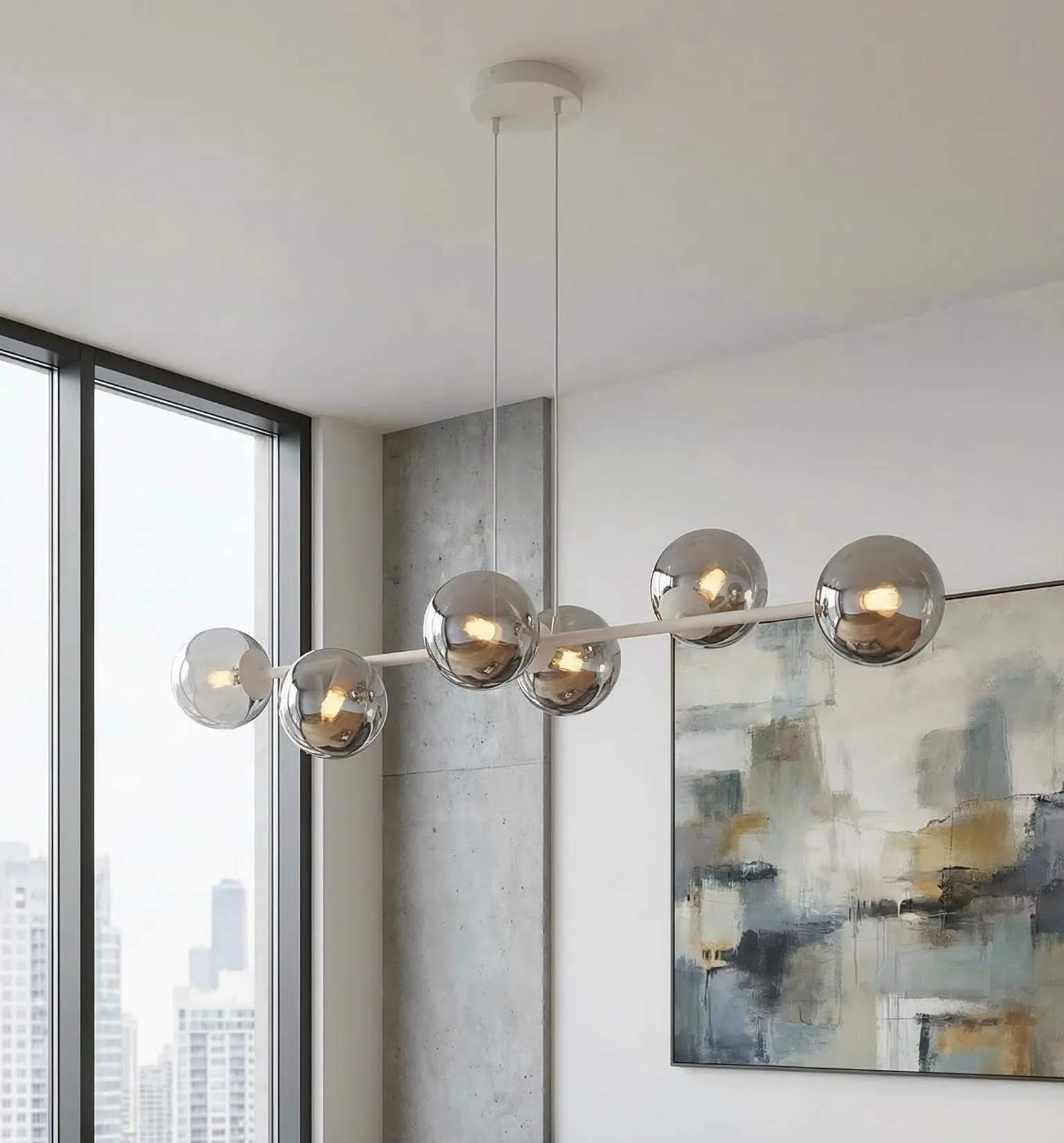 lampa wisząca, kule chromowe, oświetlenie sufitowe, nowoczesny design, dekoracja salonu